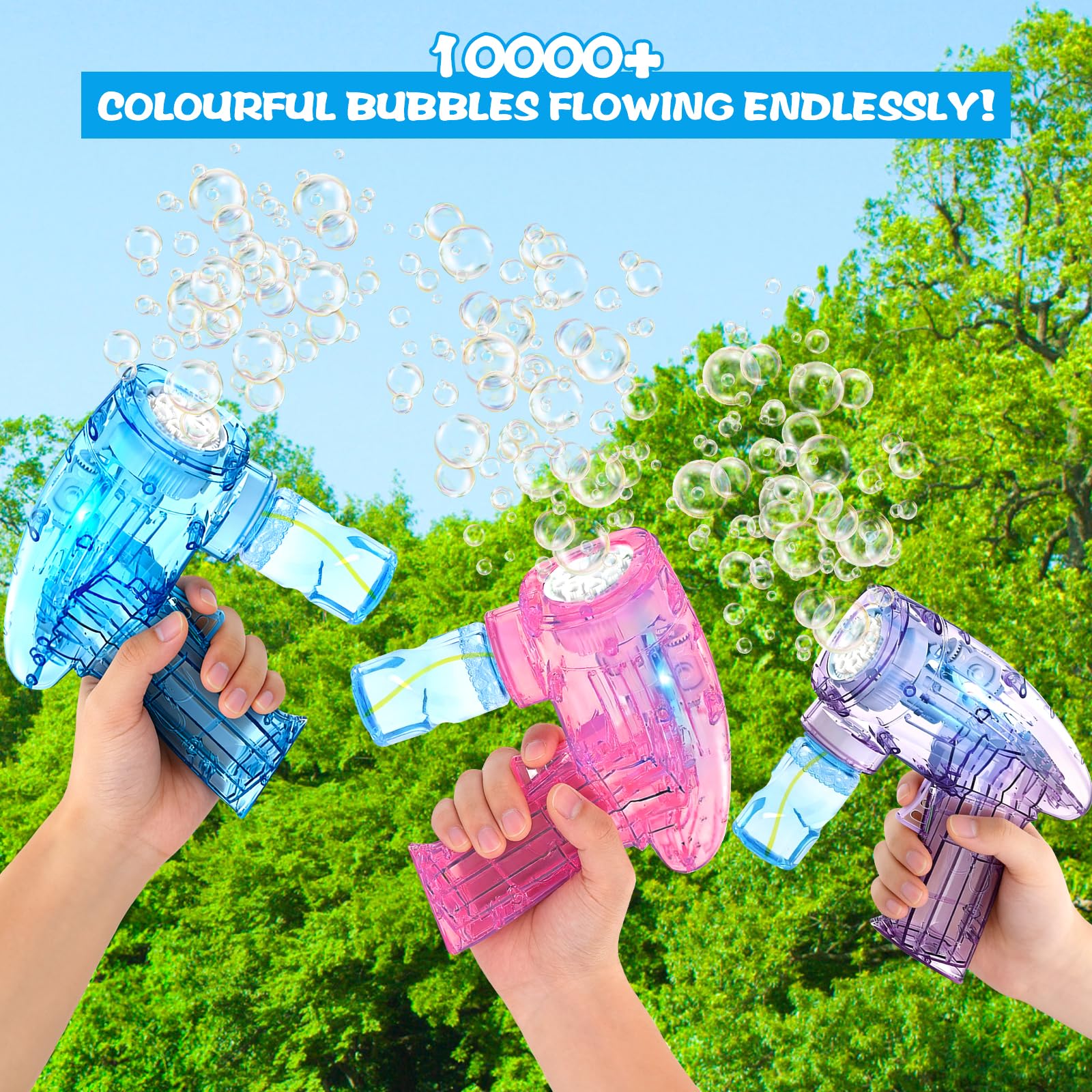 3 Pistola Pistola Burbujas, Pistola De Burbujas para Niños, con 6 Botellas, 3 Bolsas, Solución, Bubble Machine para Juguete De Verano, Actividad Al Aire Libre, Regalos De Fiesta