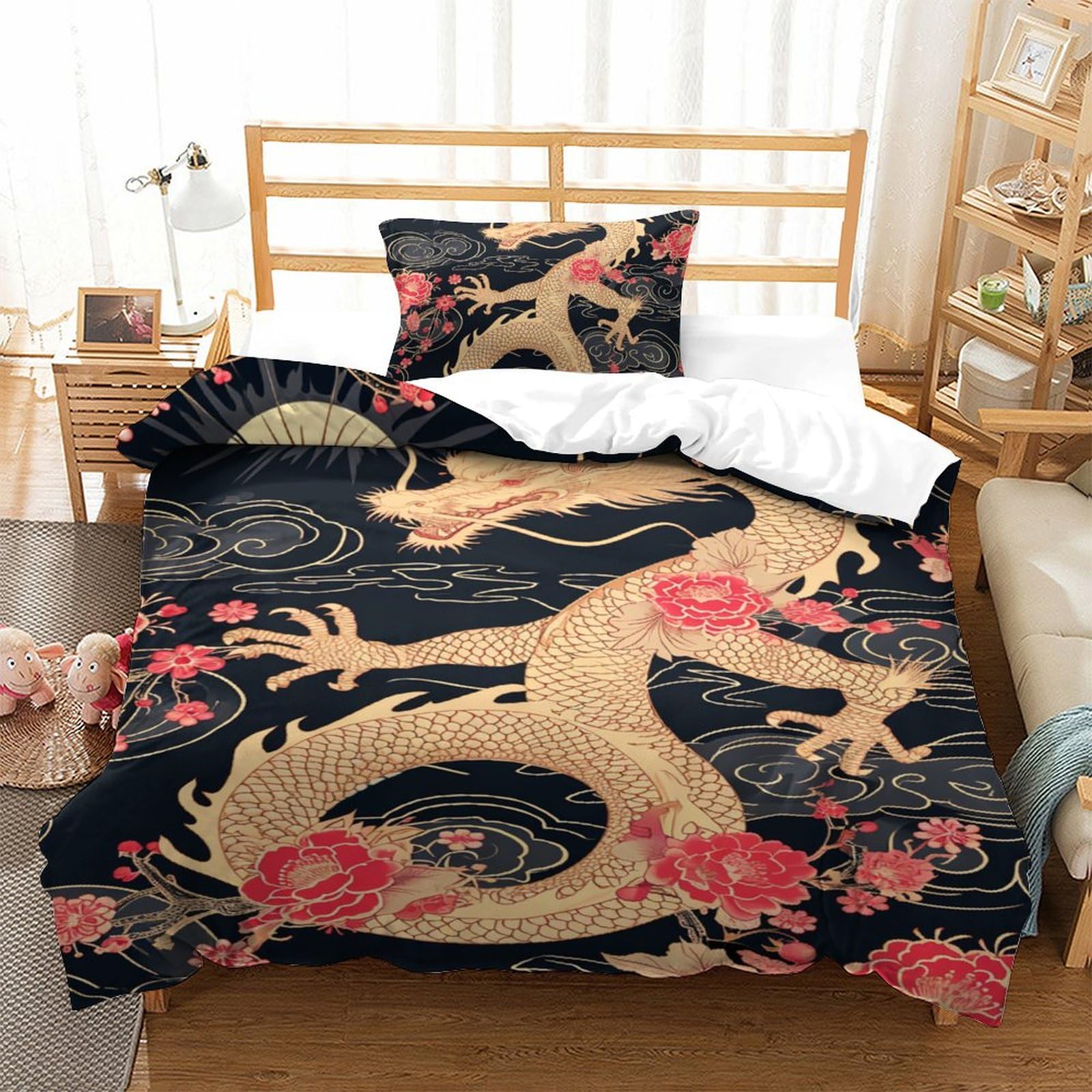 Housse de couette dragon imprimé 3D en microfibre 135x200 cm avec sa taie d'oreiller pour lit simple