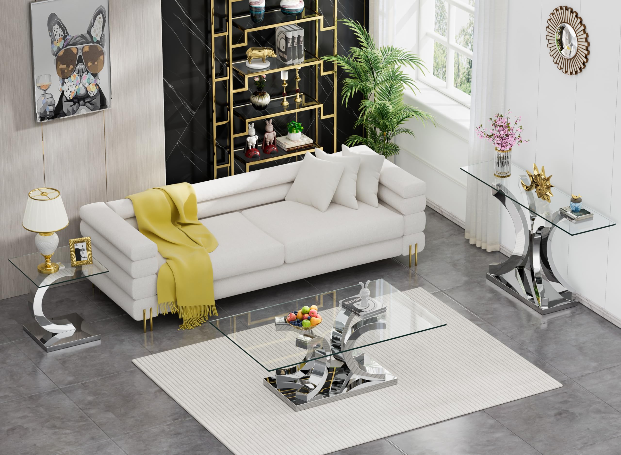 Furniture Piece Living Room Glass Table Set White Coffee Table