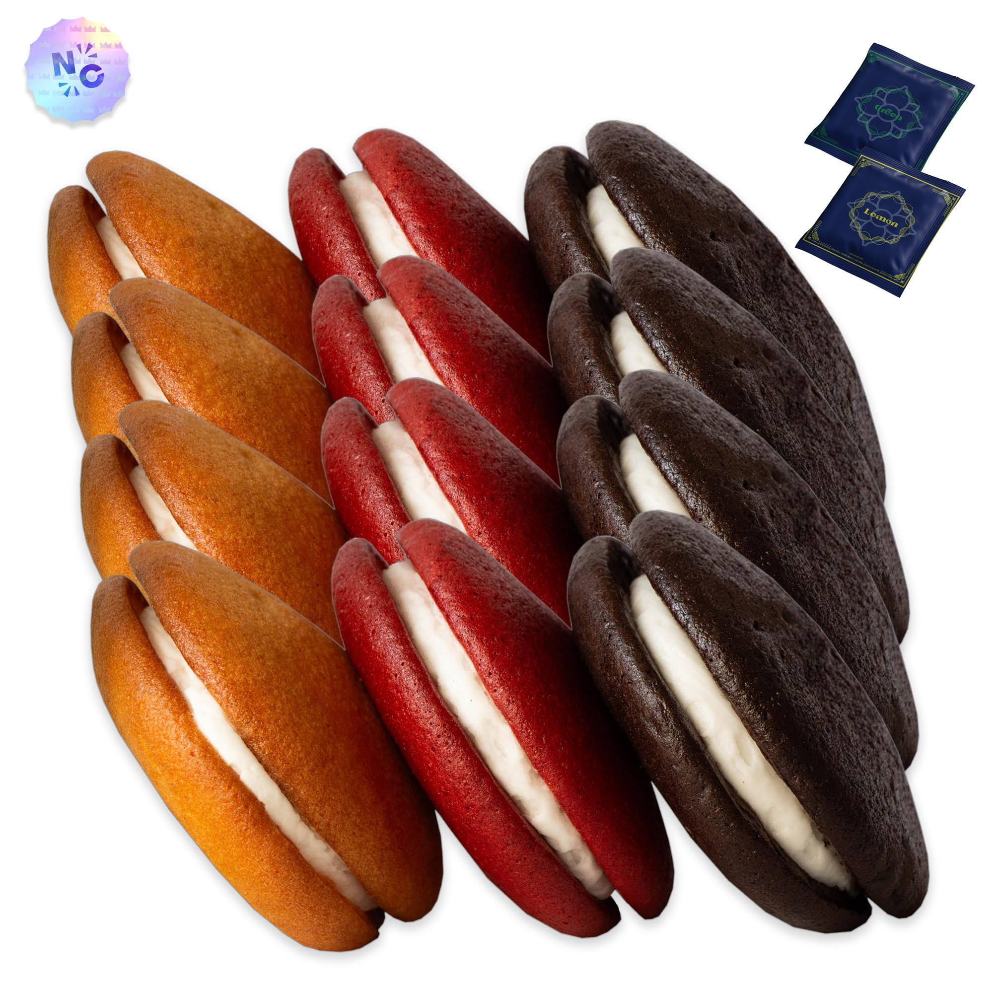 Noble Crunch Whoopie Pies Variety Pack - Individually Wrapped - Red Velvet (4ct) - Vanilla (4ct) - Chocolate (4ct) - Organic Yerba Mate Tea bags (Lemon, Green) - 12 Pack