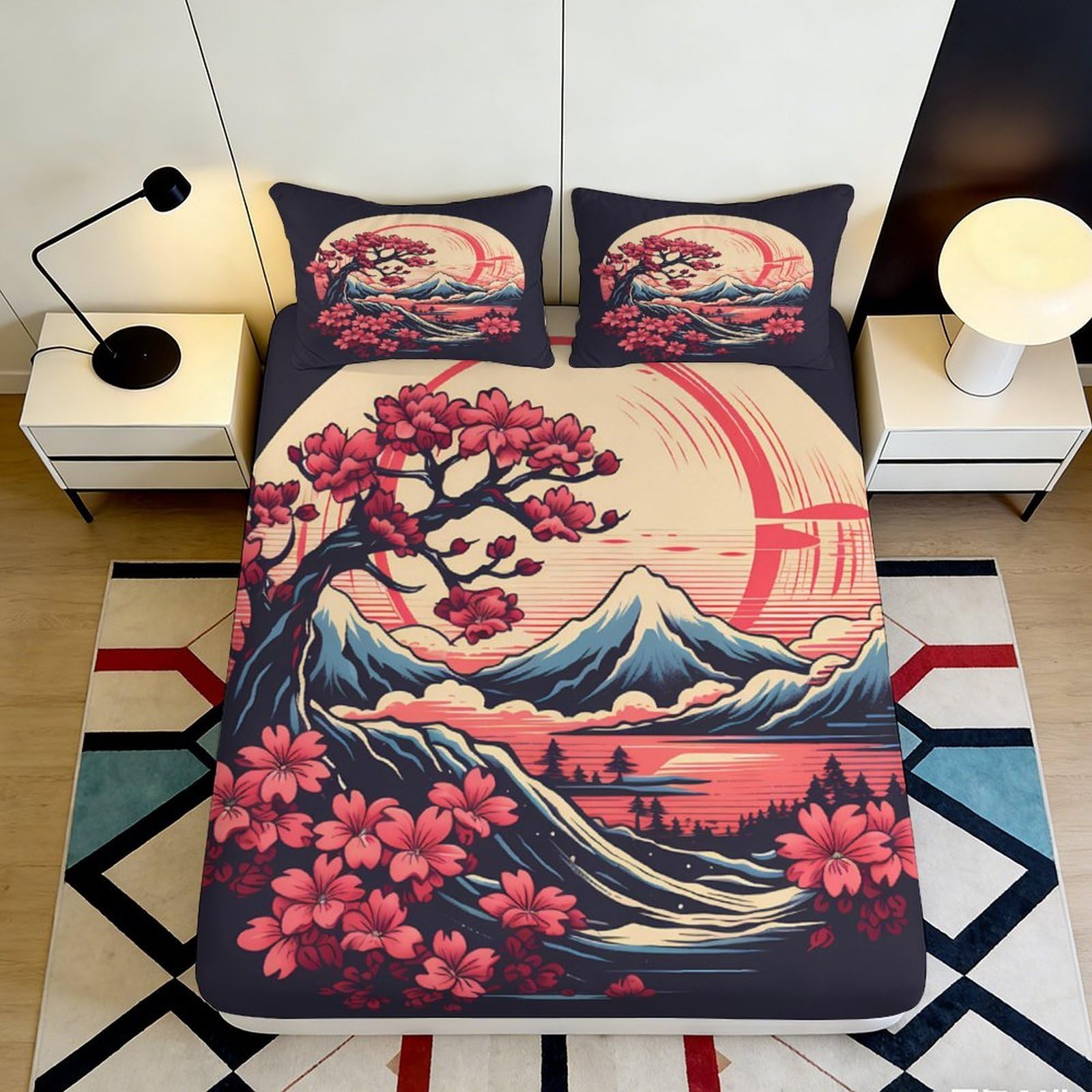 3D Printed Cherry Blossom Fitted Sheet Microfiber Soft Durable Japanese Landscape Bed Cover for Bedroom Dormitory Guest Room Mattress Protection 160x200x25cm
