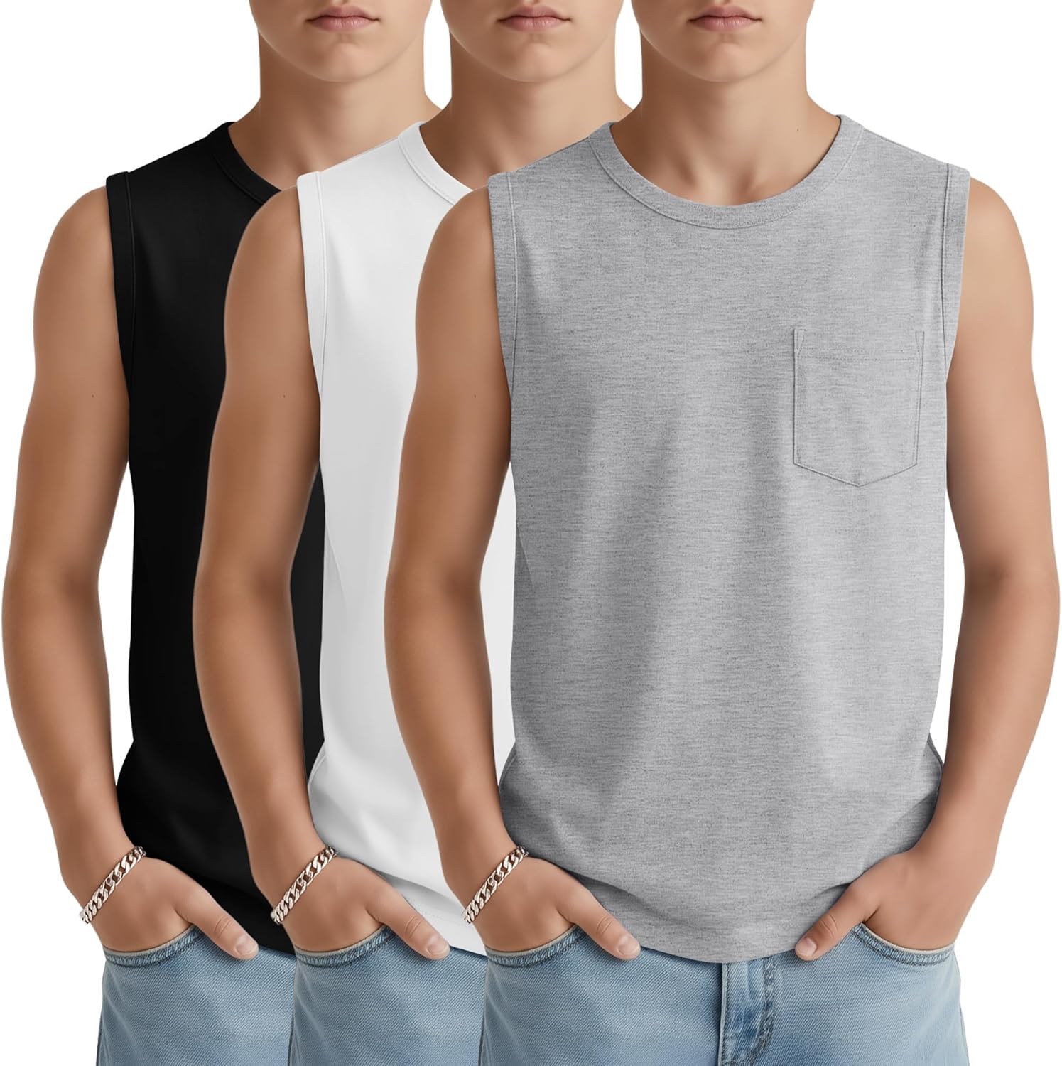 3 Pack Teen Boy's Sleeveless Tanks Casual Basic Crewneck Shirts Loose Athletic Pocket Tees Soft Breathable Tops