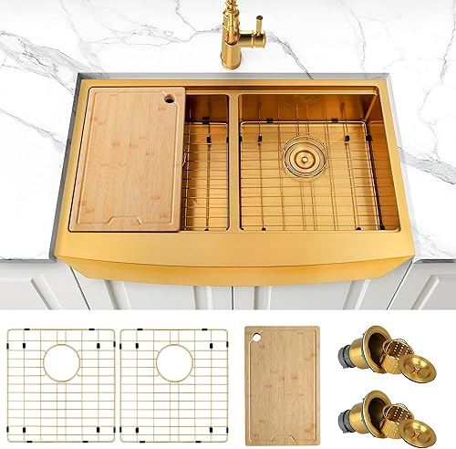 Fregadero de cocina con delantal frontal de 33 x 20 pulgadas, fregadero de cocina dorado con doble tazón, fregadero de estación de trabajo de acero