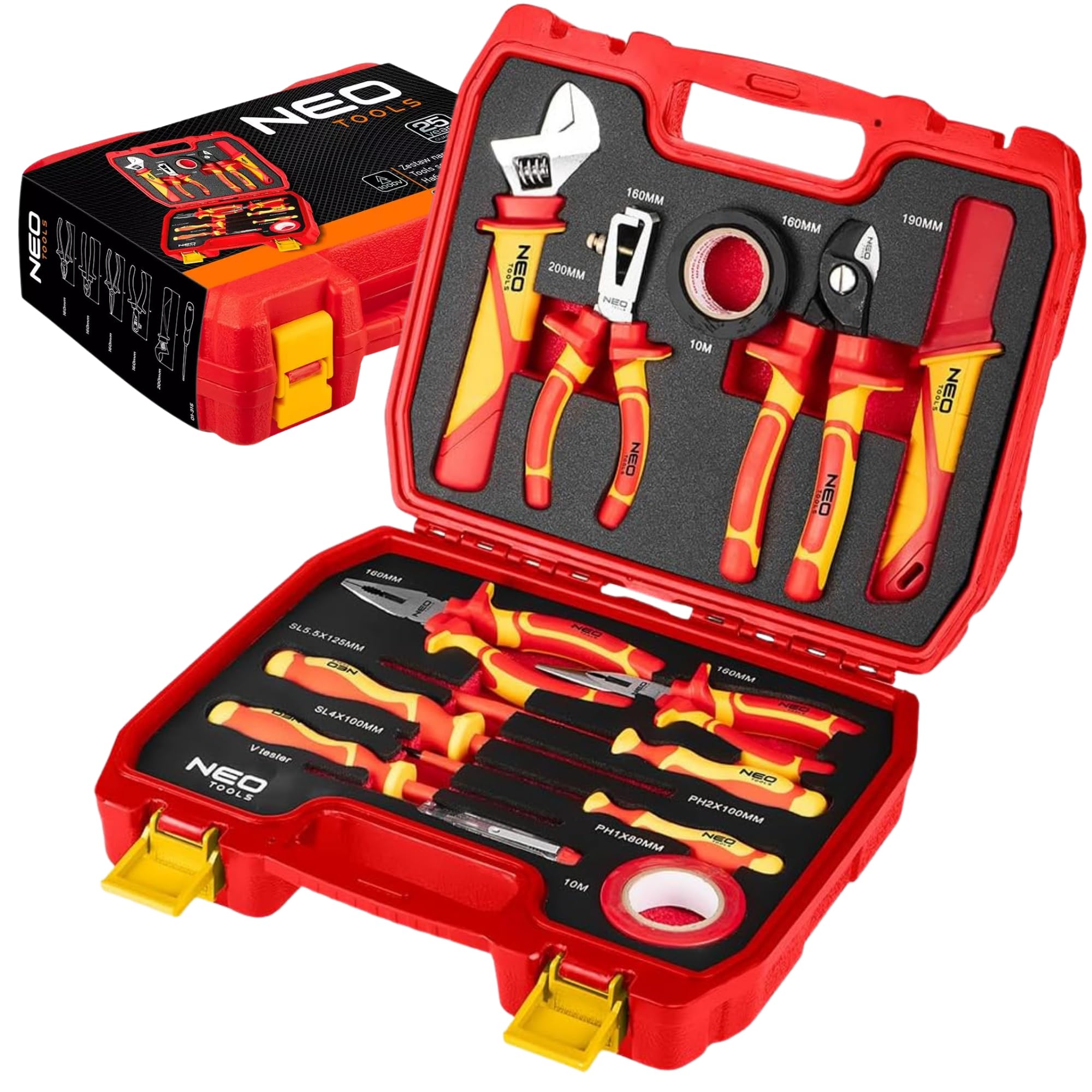 NEO TOOLS Kit d'outils d'électricien : 13 pièces, outils isolés CrV/S2, testeur de tension, 2 rubans isolants, coffret, pour montage, réparation et installations