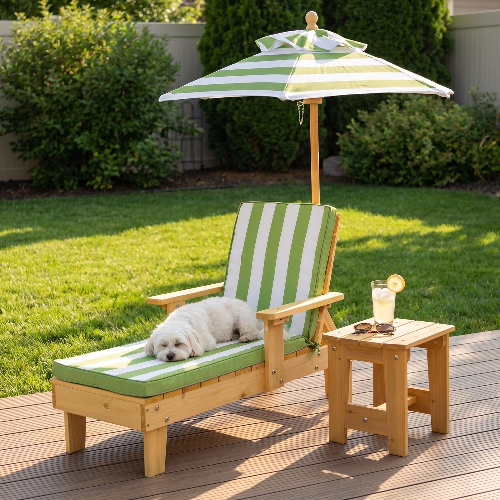Fakednss Dog Sun Lounger with Canopy Umbrella & Coffee Table, Fir Wood Waterproof Dog Beach Lounger, Garden/Outdoor Chaise Chairs for Patio Garden Pool Beach Back，Maximum Load 40 Kg(Green)