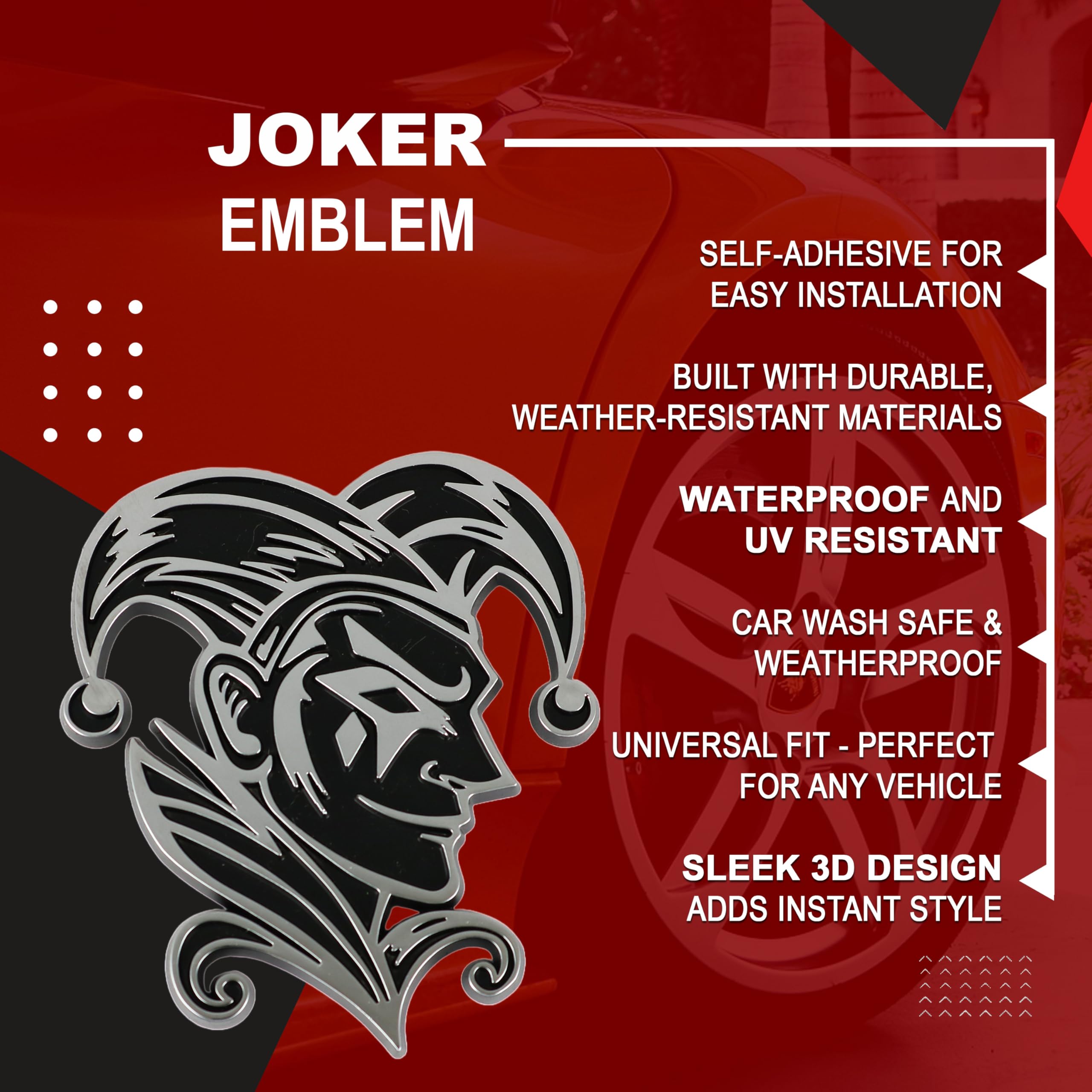 Emblema de Joker 3D Jester Badge – Calcomanía personalizada para coche, camión, SUV – Exterior duradero, maletero, capó, guardabarros (juego de 2) (cromado)