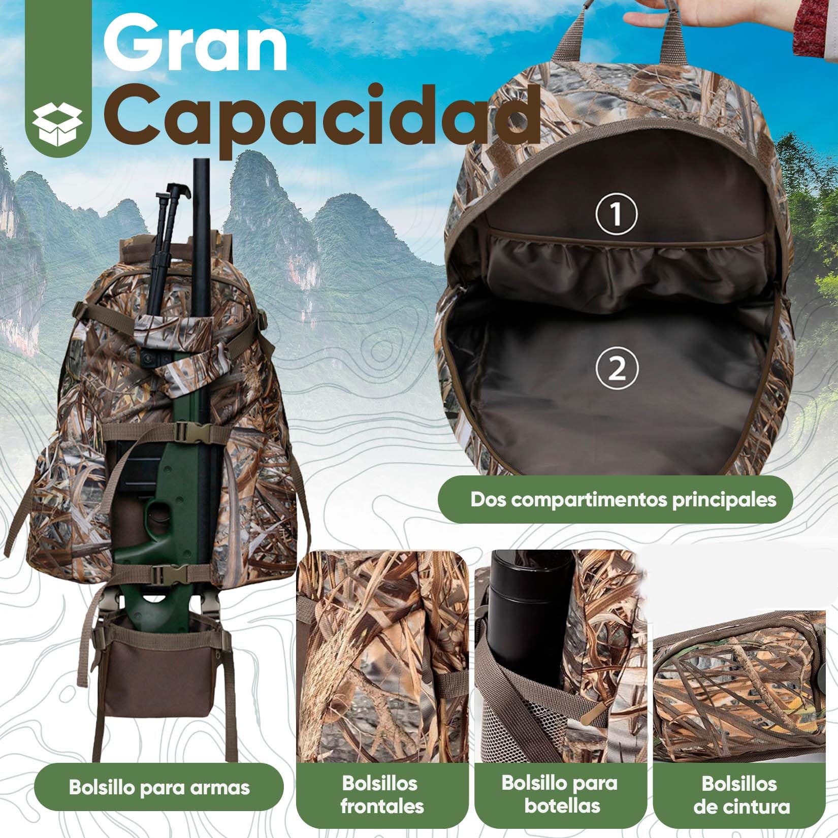 Mochila de Caza- Mochila para Caza con Porta Arma Incluido -Bolsa de caza con Gran Capacidad y múltiples Bolsillos- Accesorios para Cazadores