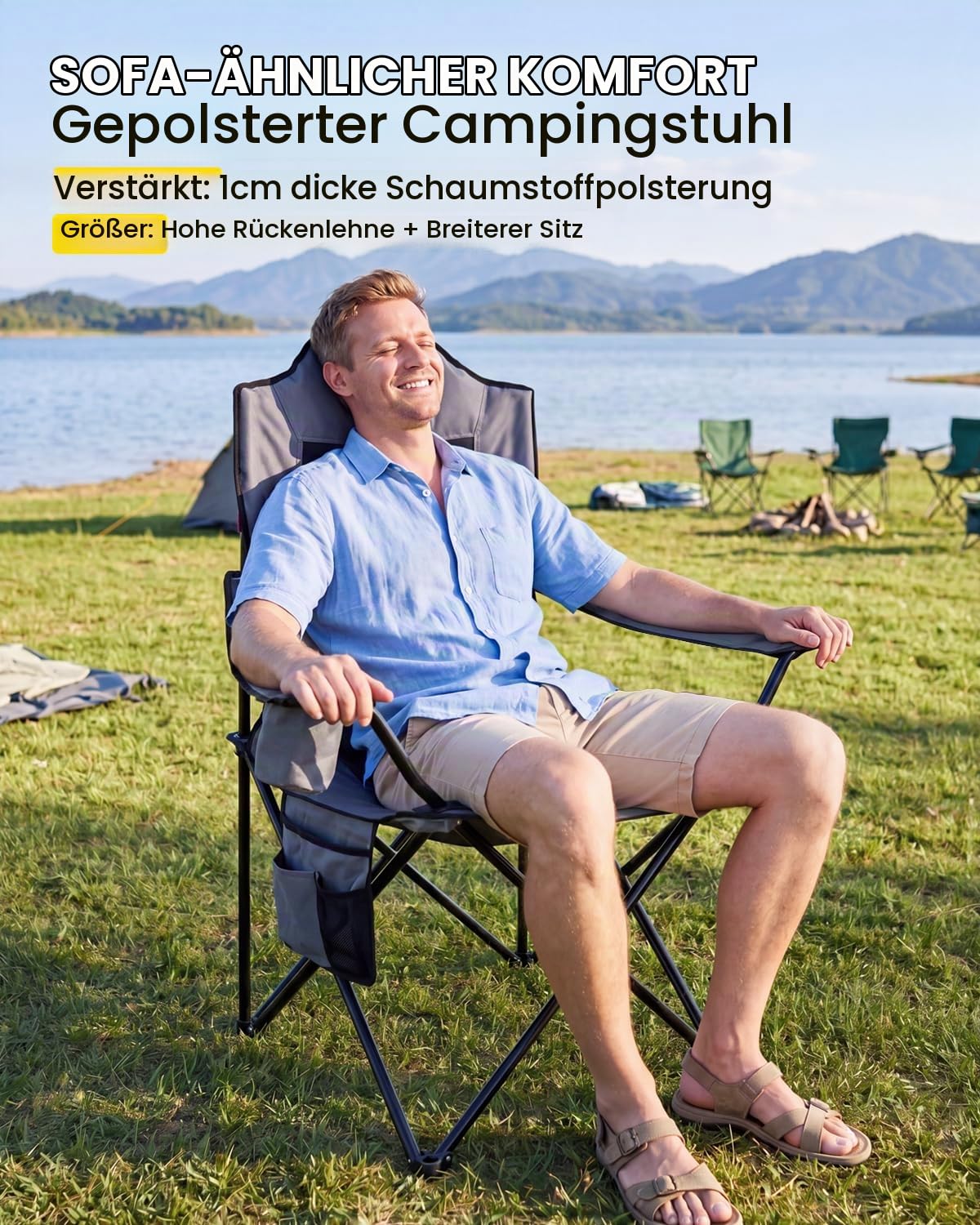 YEAUPE PRO Campingstuhl Faltbar Bequem Gepolster, 150 KG Belastbar | Luxus Camping Stuhl mit Hochlehner, Breiter Sitz | Angelstuhl, Karpfenstuhl, Klappstuhl Camping Chair, XL