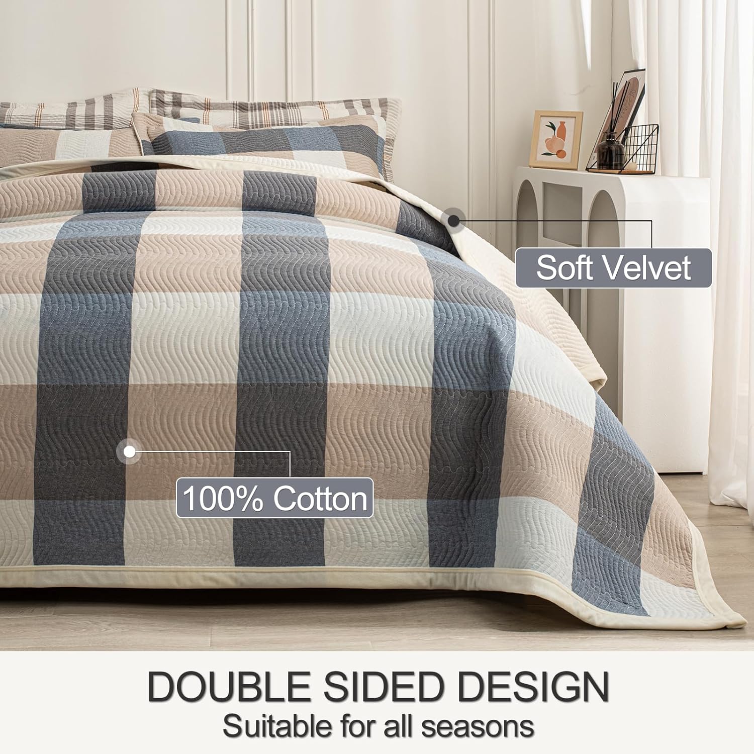 Cotton Plaid Quilt Set, Ultra Soft 3 Pieces Queen Size Bedding with 2 Pillow Shams, Lightweight Reversible Coverlet Bedspread with Wave Quilting for Summer, 90"x96", Grid-Beige Blue - Image 5