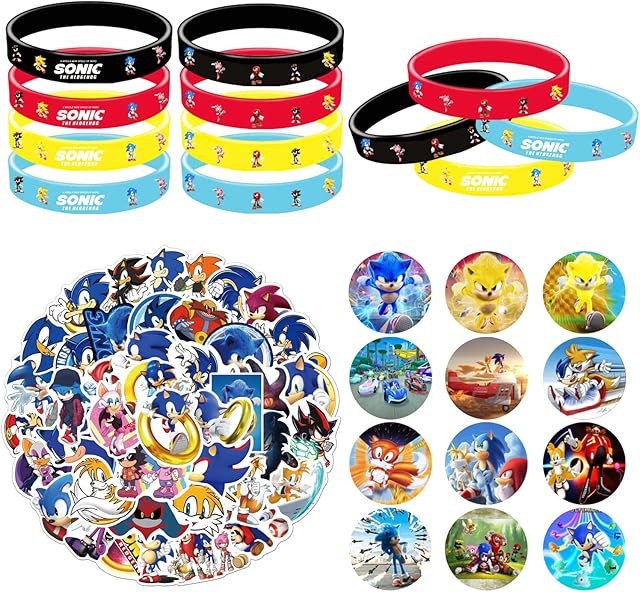 Sonic Party Bag Fillers for Boys Girls, Sonic Themed Party Supplies Birthday Party Decoration with Rubber Bracelets, Pins Badge, Gifts for Kids