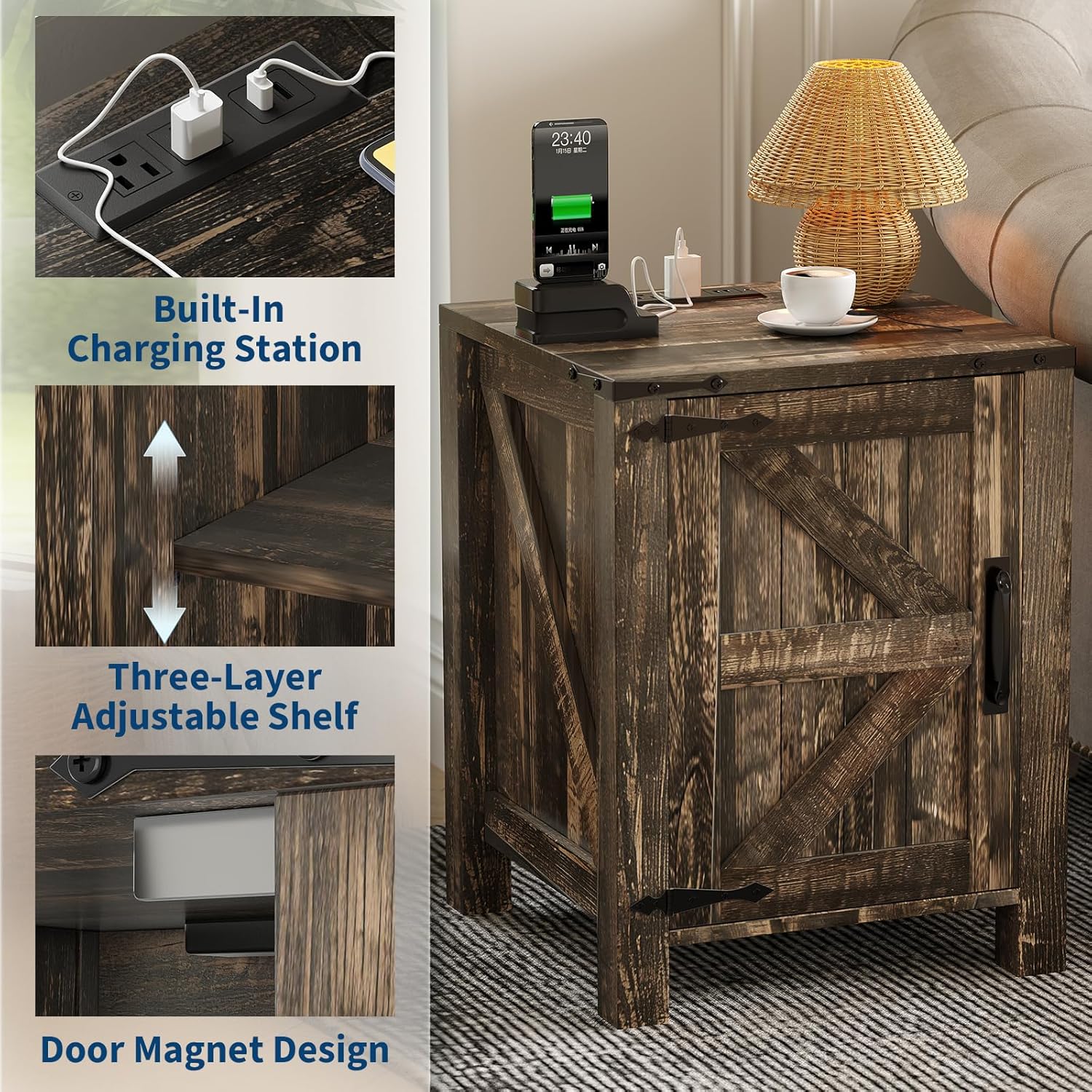 Rustic Farmhouse Nightstand with Charging Station, Barn Door and Adjustable Storage Shelf, Wooden Small Bedside Table, 18" Modern Two-Tier Nightstand & End Table for Bedroom