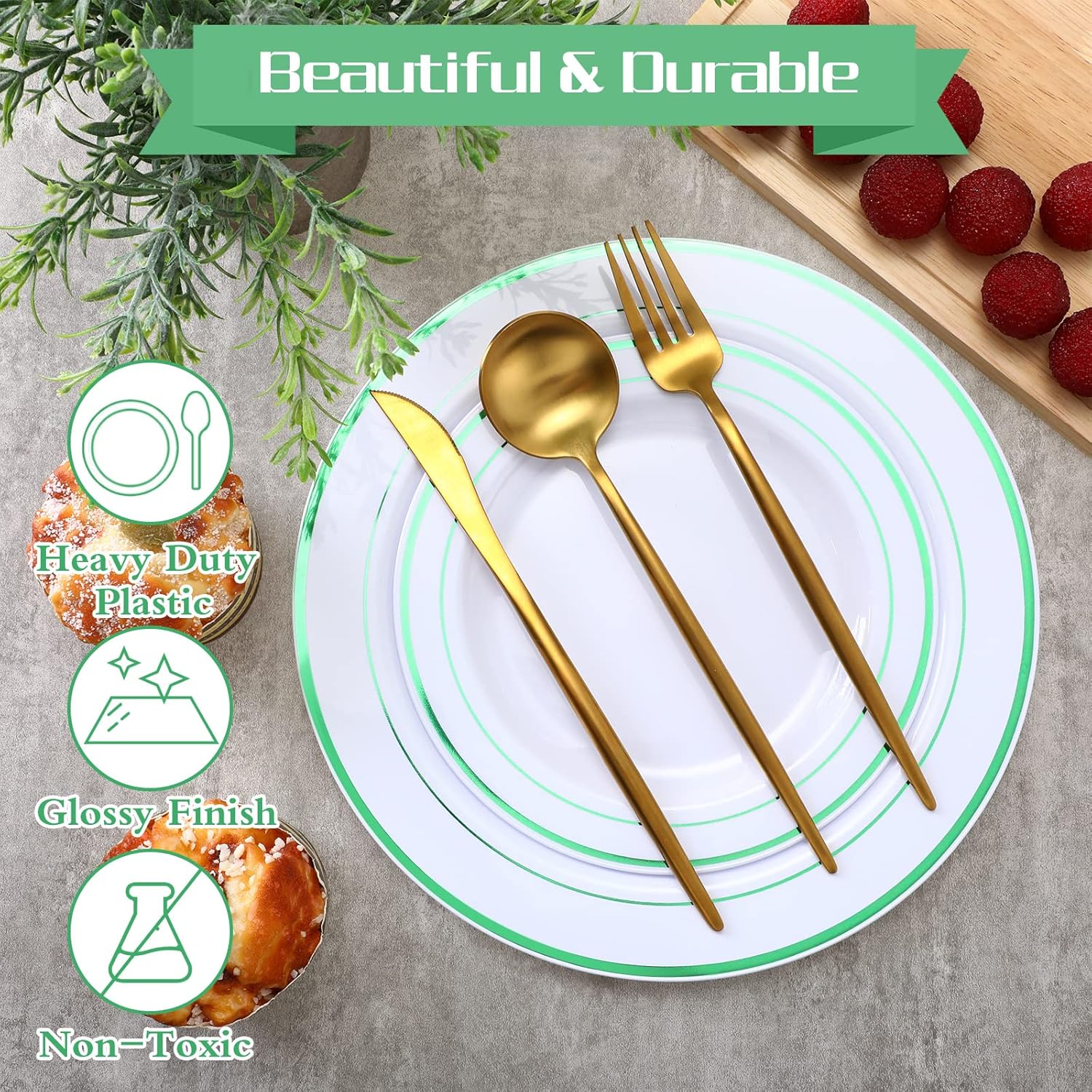 Patelai 50 Pcs Plastic Plates Disposable for Party Disposable Dinnerware Set 25 Guests 10.25", 7.5" Heavy Duty Plastic Dinner Plates with Rim for Wedding Party(Green Rim)