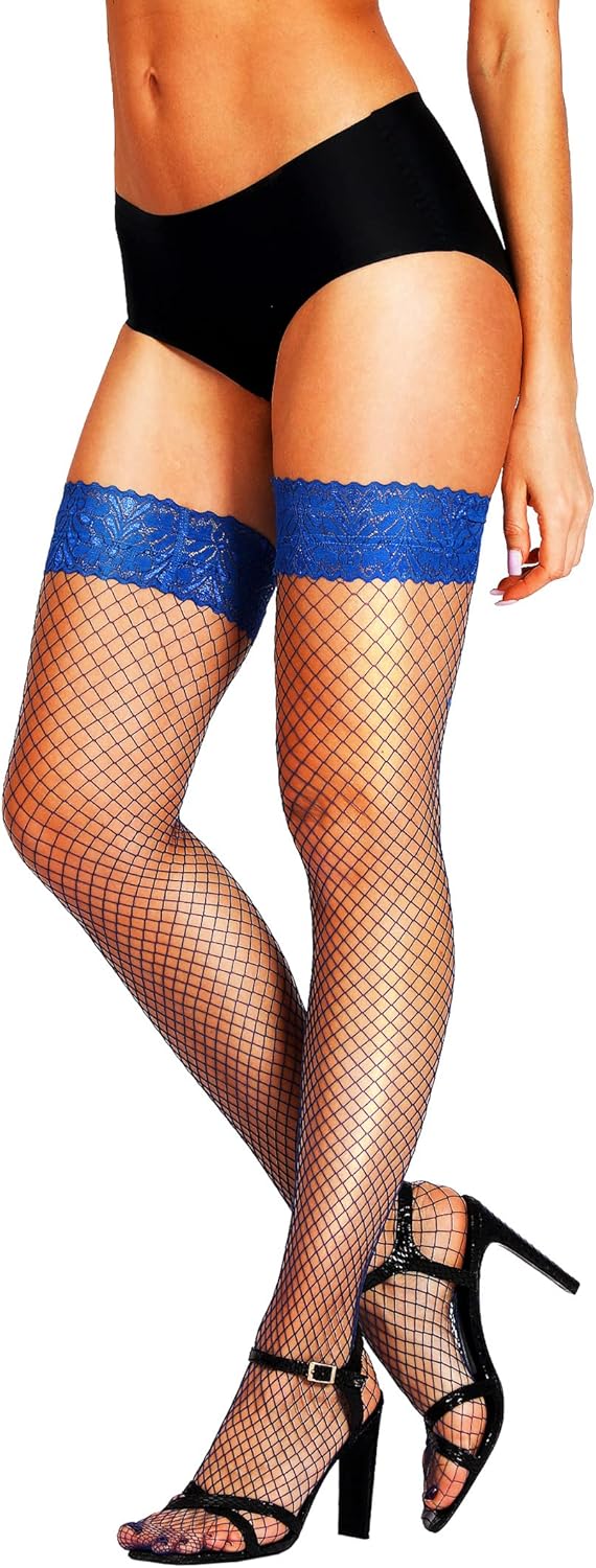 HONENNA Fishnet Thigh High Stockings, 20+ Colors Silicone Lace Top Stay Up Nylons Tights for Woman, Size A-D