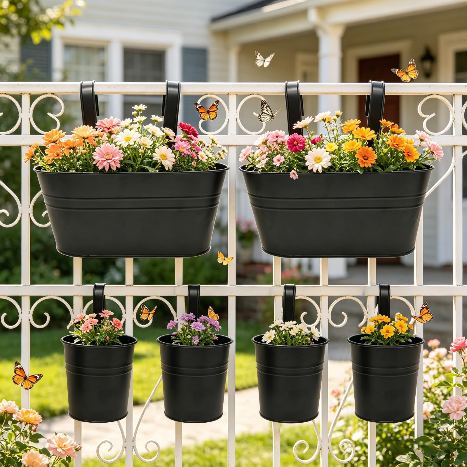 Lot de 6 Pots de Fleurs à Suspendre en Métal, Seaux à Fleurs Suspendre avec Crochet Amovible,Pots Suspendus Balcon Décor avec Set de 3 Outils de Jardinage