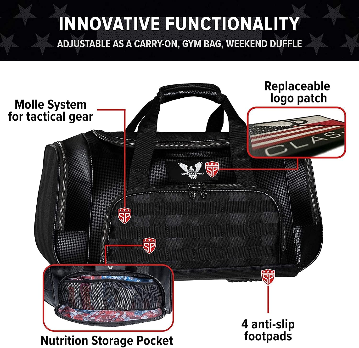 Subtle Patriot Covert Hybrid Duffle Bag – Concealed Carry Duffle Bag/Convertible for Travel, Gym & Work/Collapsible & Water Resistant (Lady Liberty)
