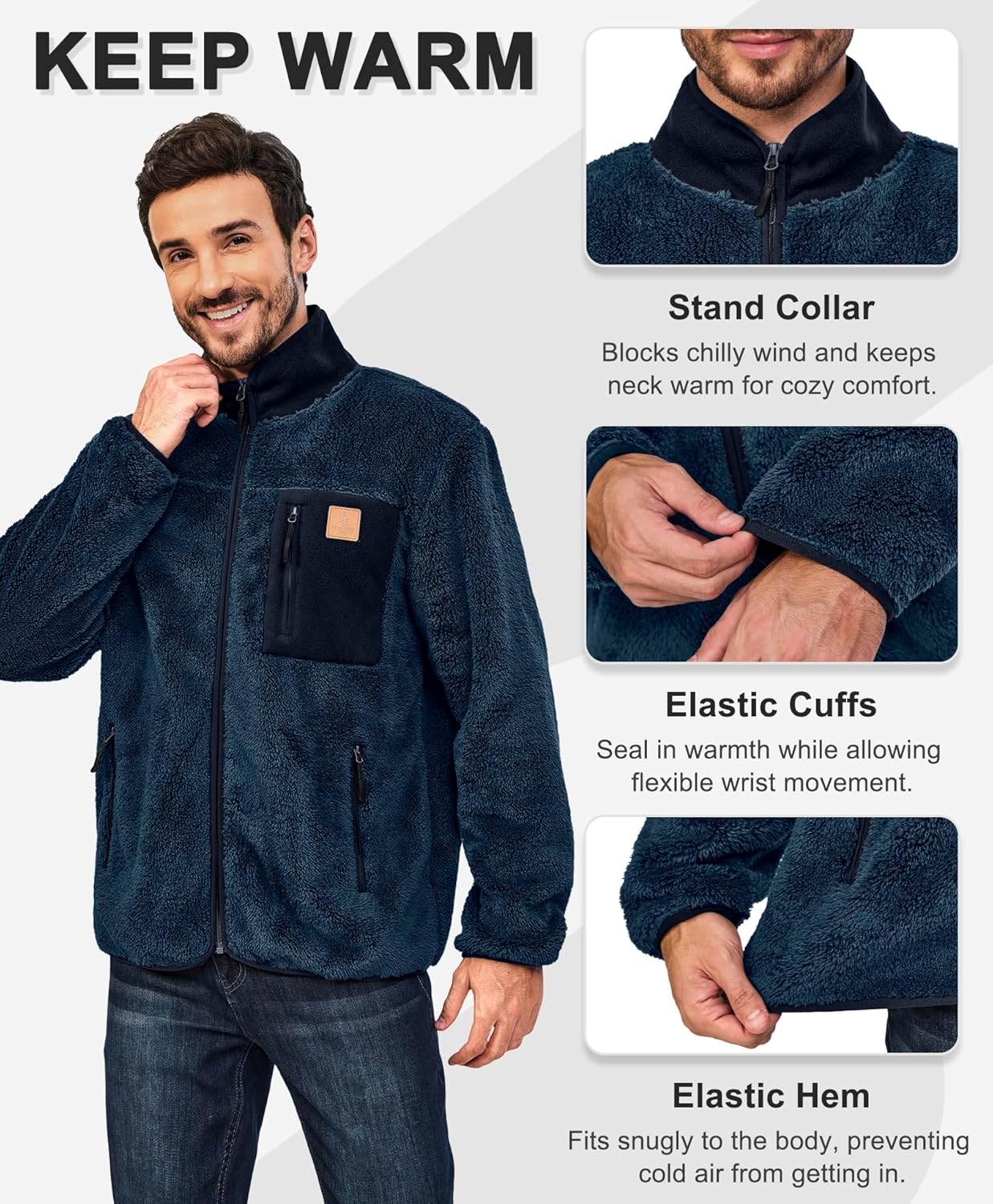 Little Donkey Andy Men's Fuzzy Fleece Jacket Sherpa Jackets Full Zip Up Thermal Coat with 3 Zipper Pockets for Fall Winter - Image 4