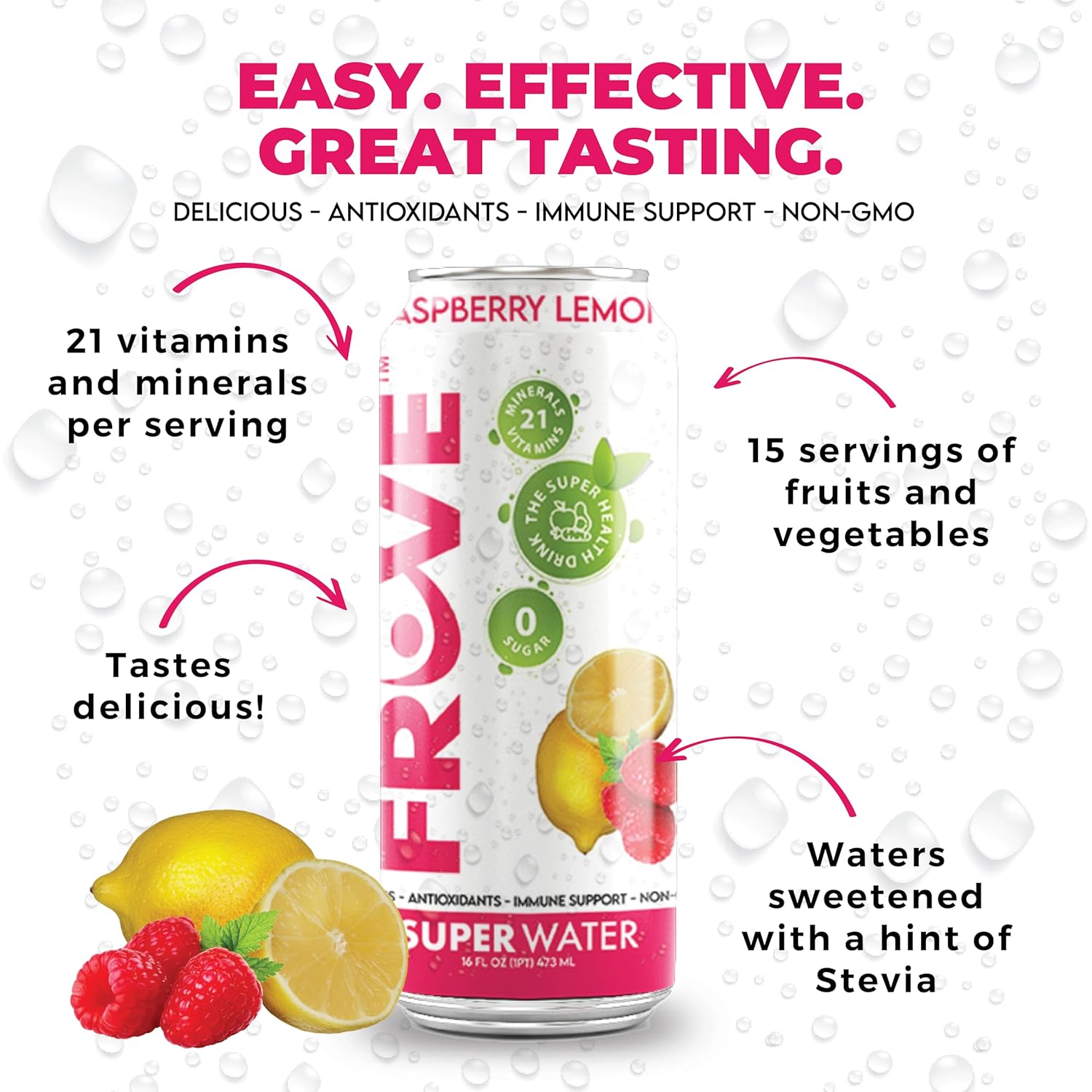 FrUve Super Water | Raspberry Lemon Flavor | 12 16oz Cans | Healthy Drink | Zero Sugar | Low Calorie Drink | Powerful Antioxidants | Boosts Immune System | NON-GMO | The Super Health Drink