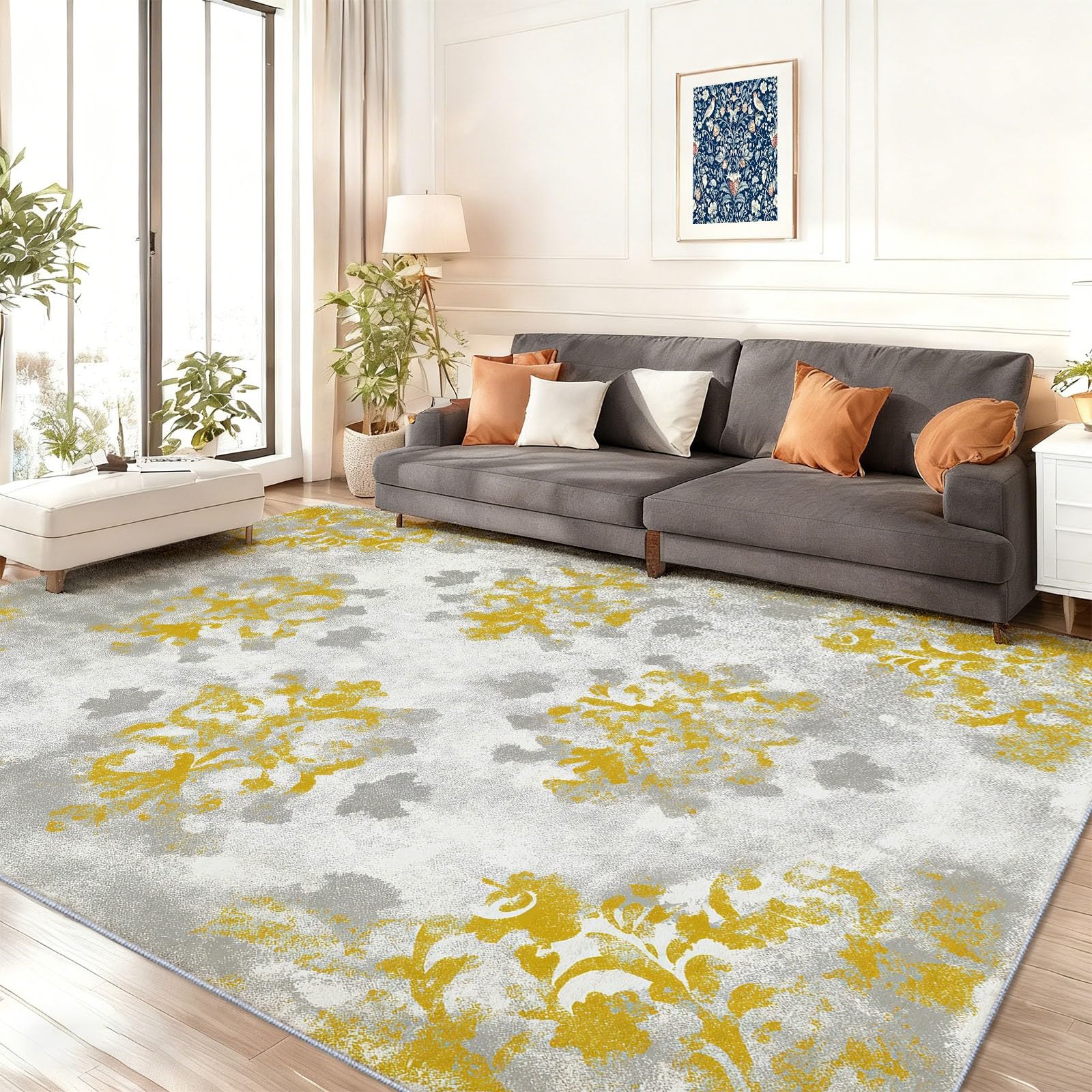 Dywan w stylu retro, postarzany, do salonu, 160 x 230 cm, żółto-szary, można prać w pralce, duży, antypoślizgowy, miękki, z niskim runem do sypialni i jadalni, trwały wystrój domu