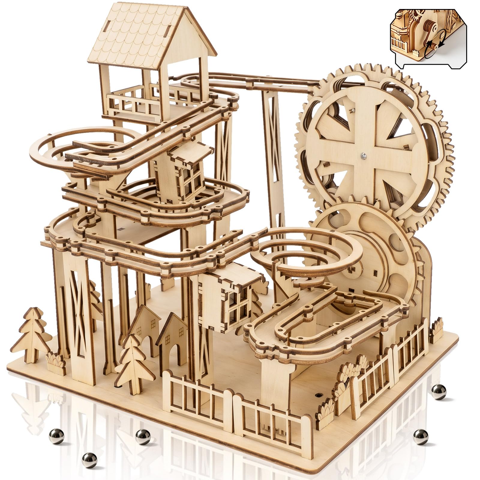 BELEEV Wooden Marble Run, Jungle Track 3D Puzzle for Adults, Mechanical Building Model Kit with Hand Crank, 255PCS DIY Assembly Craft Gift for Teens Age 14+