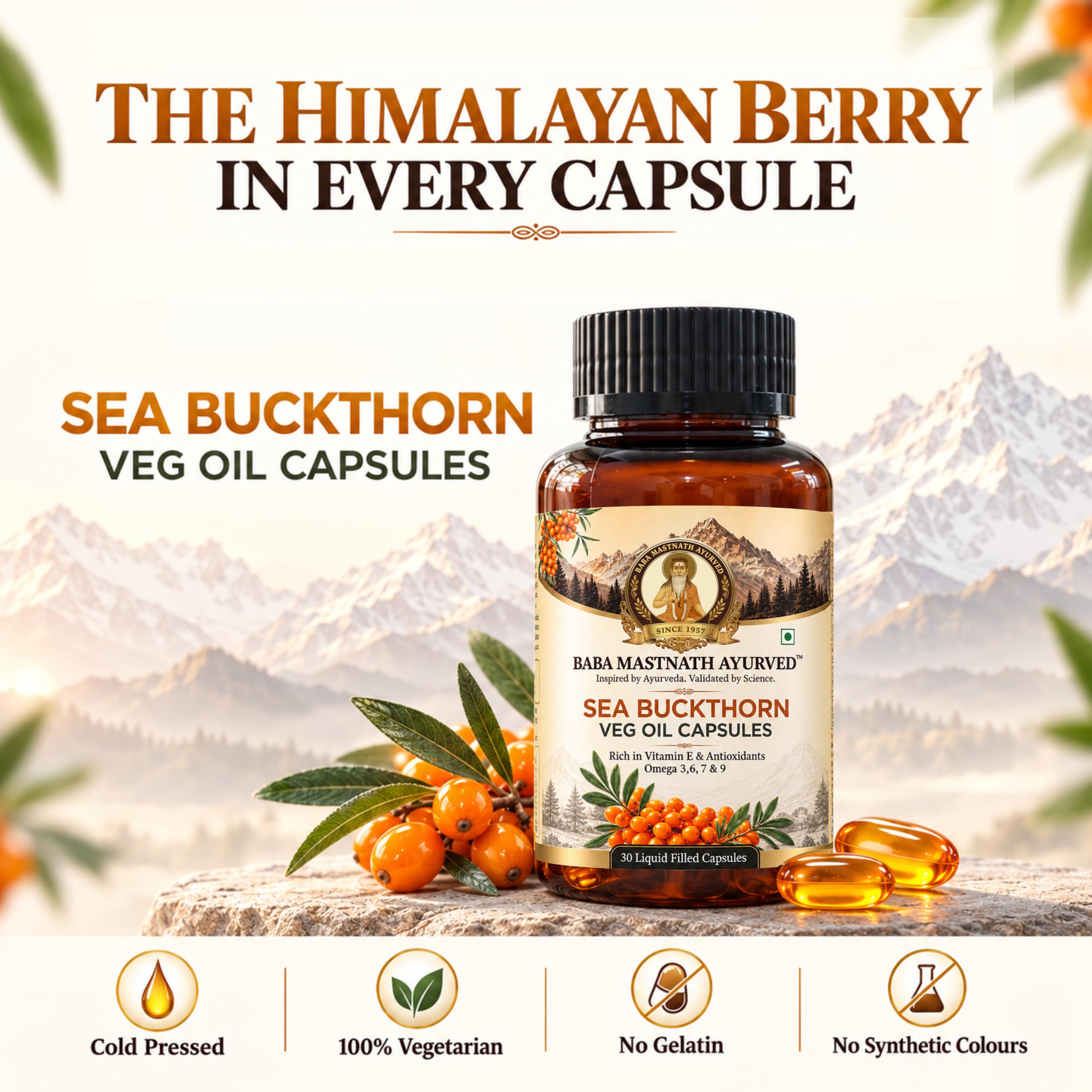 Baba Mastnath Ayurved Sea Buckthorn Berry Oil Veg Capsules 560 mg | Omega 7 | Omega 3 | Omega 6 & 9 | For Skin, Heart & Everyday Wellness | 30 Capsules — Amazon image 9