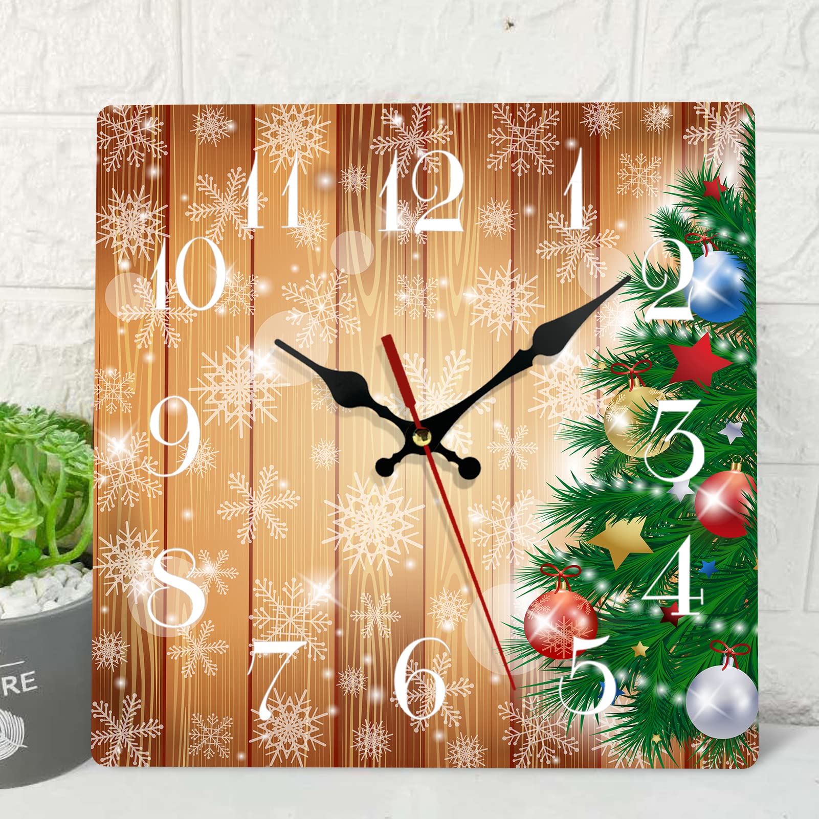 ArtSocket Christmas Wall Clock Silent Non-Ticking, Christmas Tree Space Ball Eve Snowflake Square Wall Clocks Decor for Home Kitchen Living Room Office, Battery Operated(12 Inch)