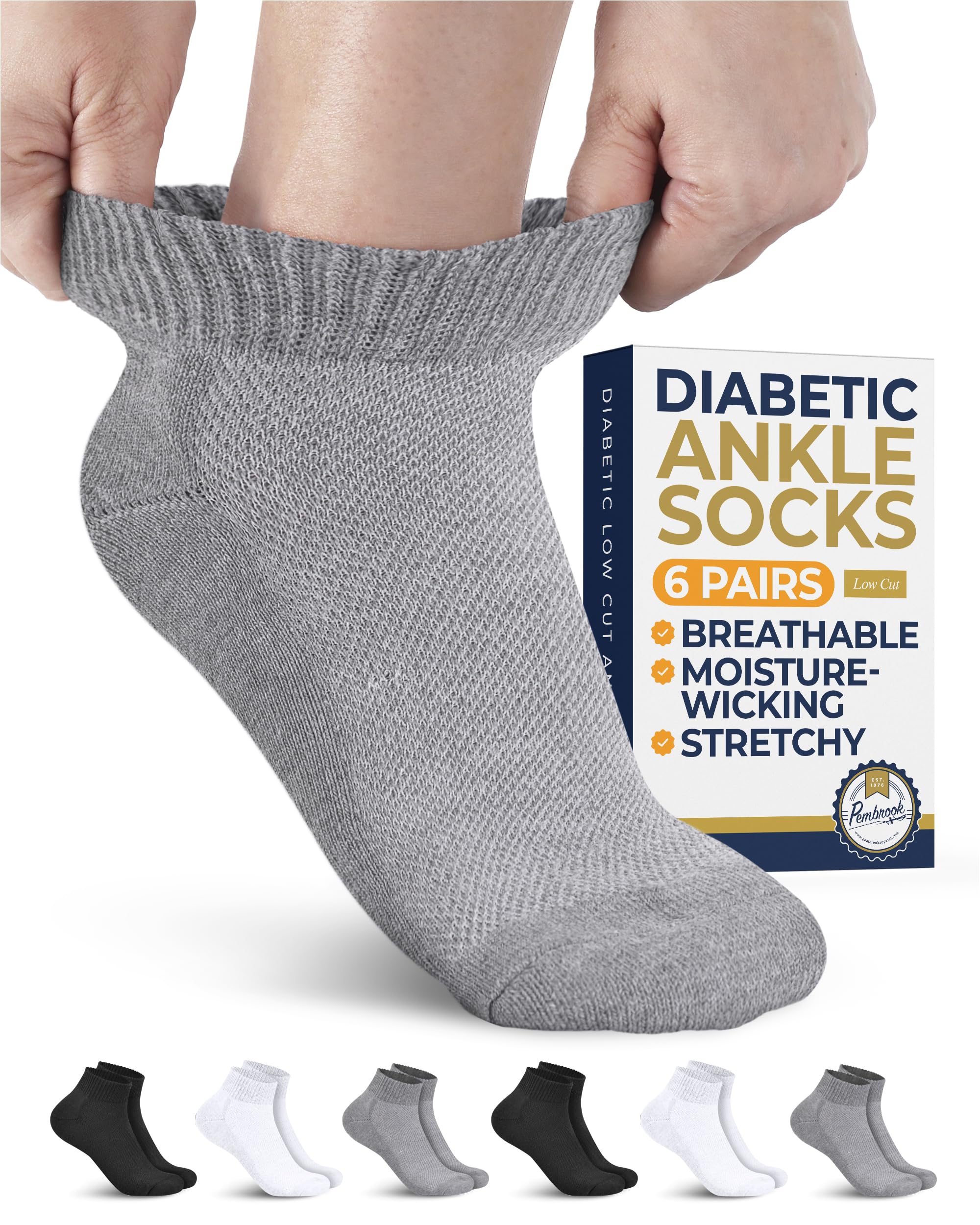 Pembrook Ankle Diabetic Socks for Women and Men - 6 Pairs | Low Cut Neuropathy Socks for Women | Smooth Toe SeamsOEKO-TEX STANDARD 100