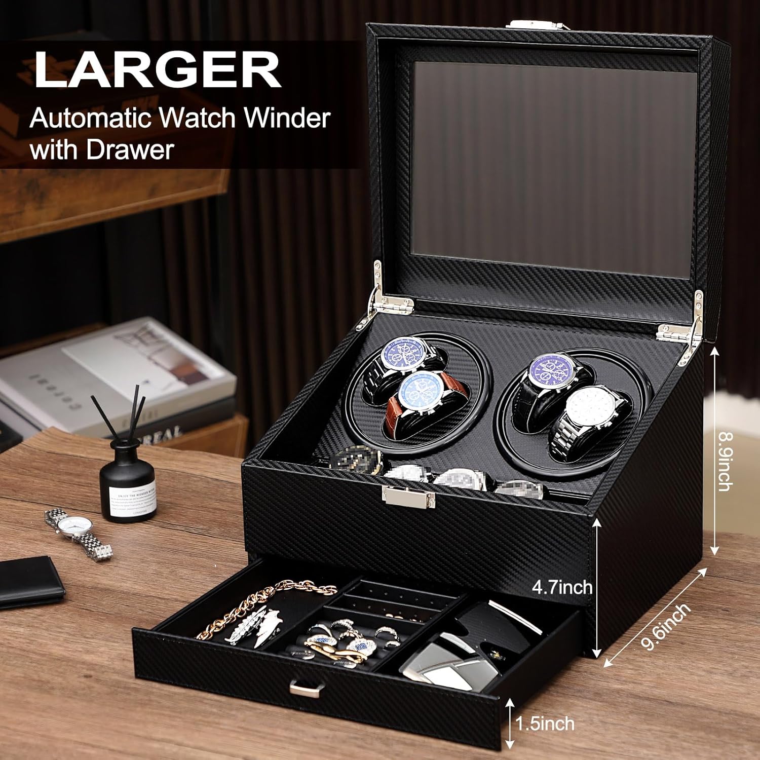 Liliaafar Automatic Watch Winder for Men, Rotating Watch Case Gift for Fathers Day, Quiet Running Motor Watches Case with Slots and Drawer for Birthday Gift