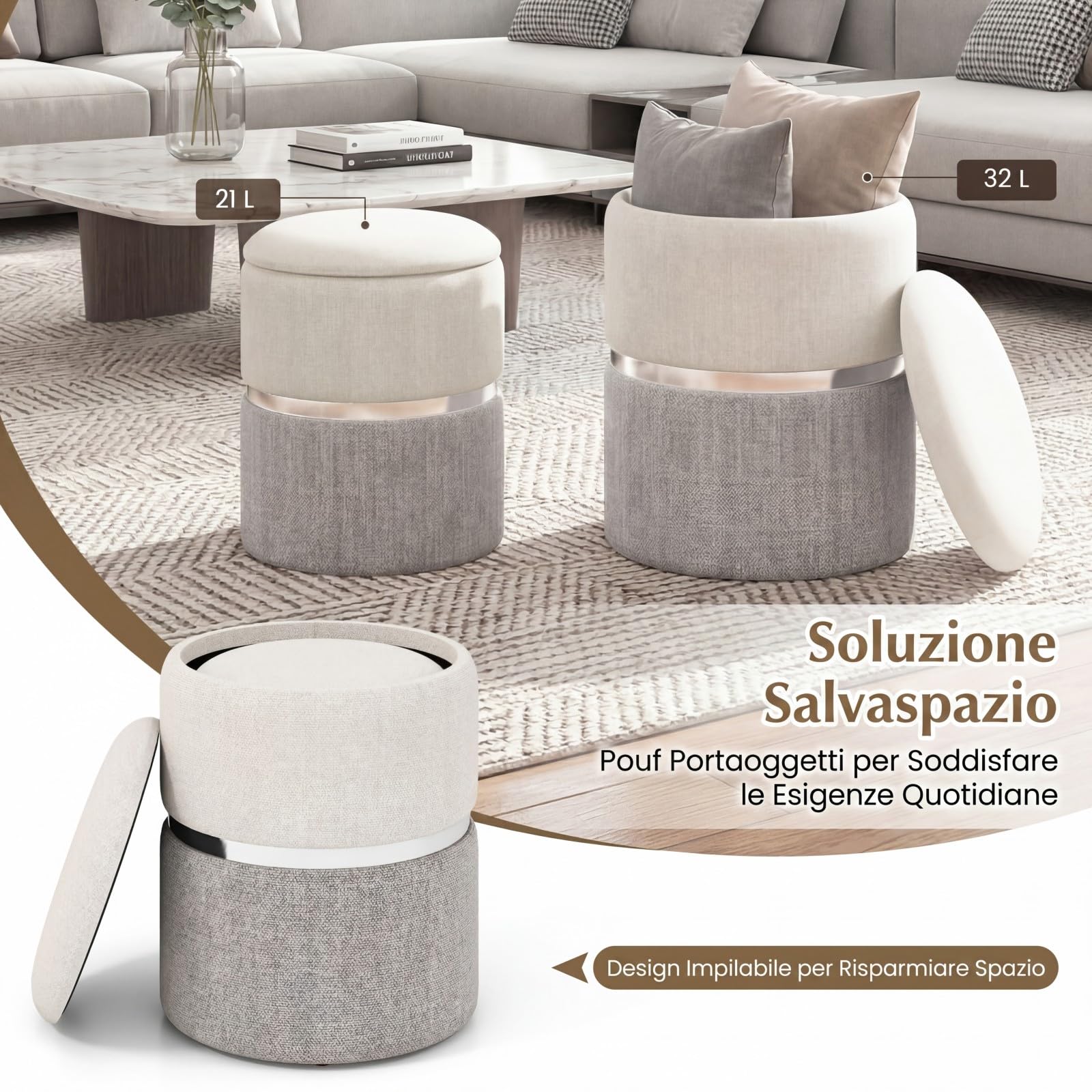 COSTWAY Set di 2 Pouf Contenitore in Velluto, Pouf Rotondi Imbottiti da 32L +21L, Sgabelli con Contenitore per Soggiorno, Camera da Letto, Portata 150 kg (Grigio)