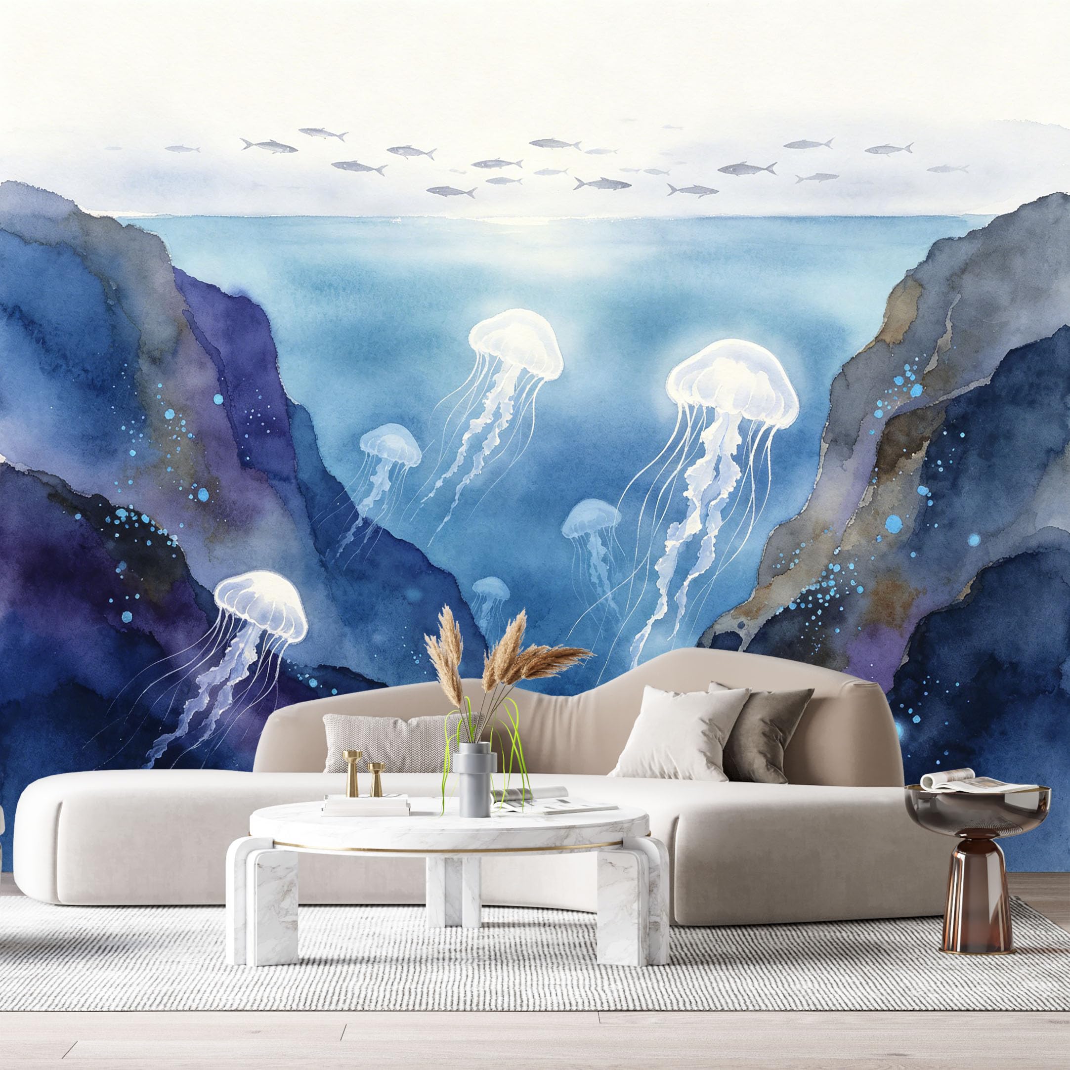 Custom Size Wall Murals Ocean Marine Jellyfish Watercolor SelfAdhesiveWall Fabric Removable Wallpaper Wall Decor for Living Room Bedroom Bathroom