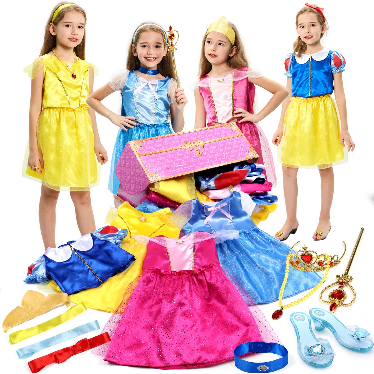 17 Pcs Girls Princess Costume Dress Up Trunk Role Play Cosplay Set with Princess Shoes Crown Accessories for Kids Age 3-6 Years