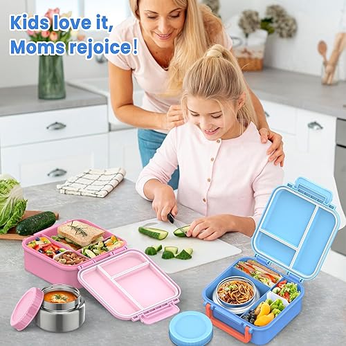 Miniatura 6 de Lonchera Bento para niños con termo de 9 onzas, recipientes de almuerzo a prueba de fugas con 3 compartimentos, tamaño apto para niños, lonchera