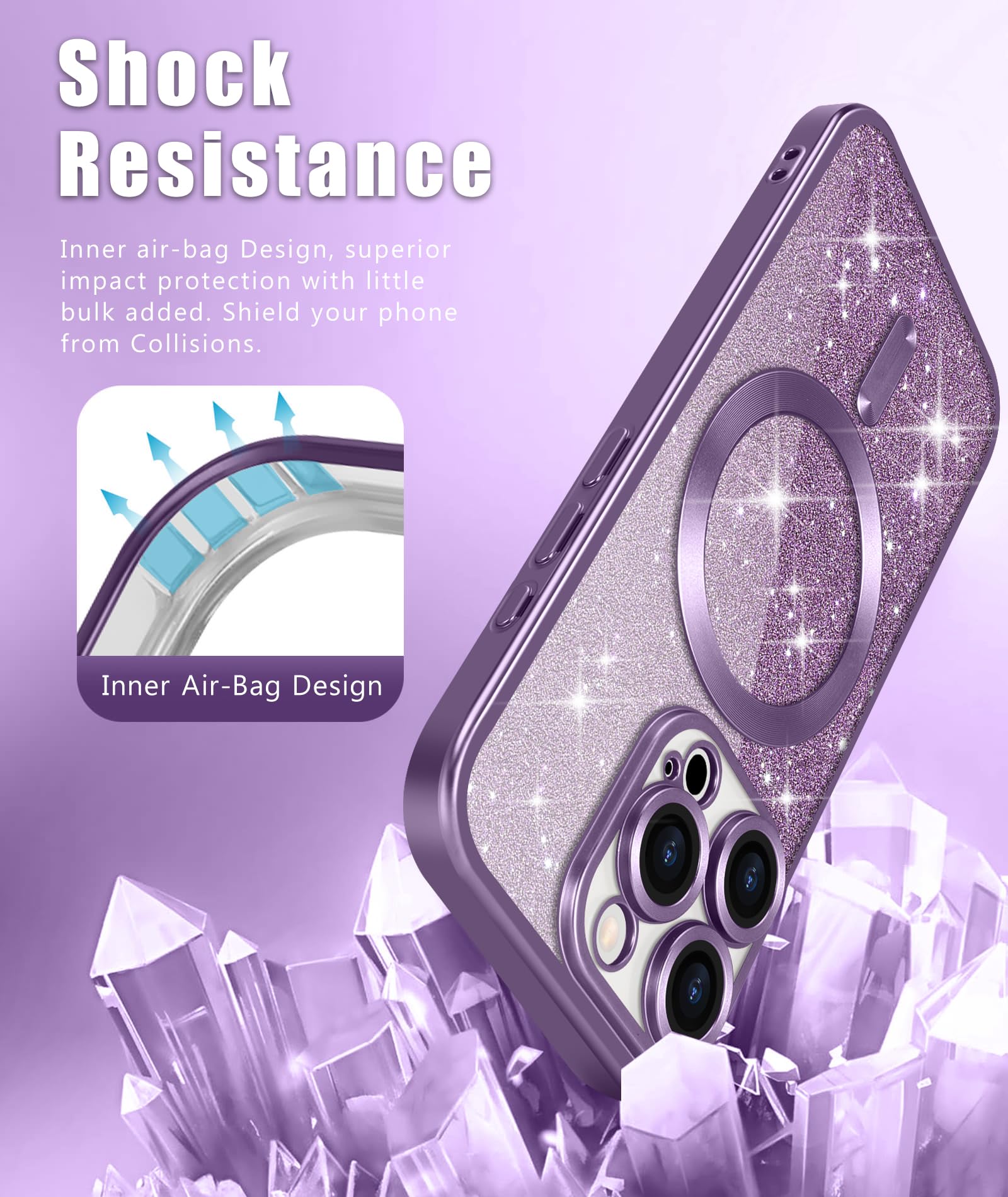 Funda para iPhone 12 Pro con purpurina para mujeres y niñas, bonita capa brillante, compatible con Magsafe [protector de lente de cámara desmontable] a prueba de golpes para iPhone 12 Pro de
