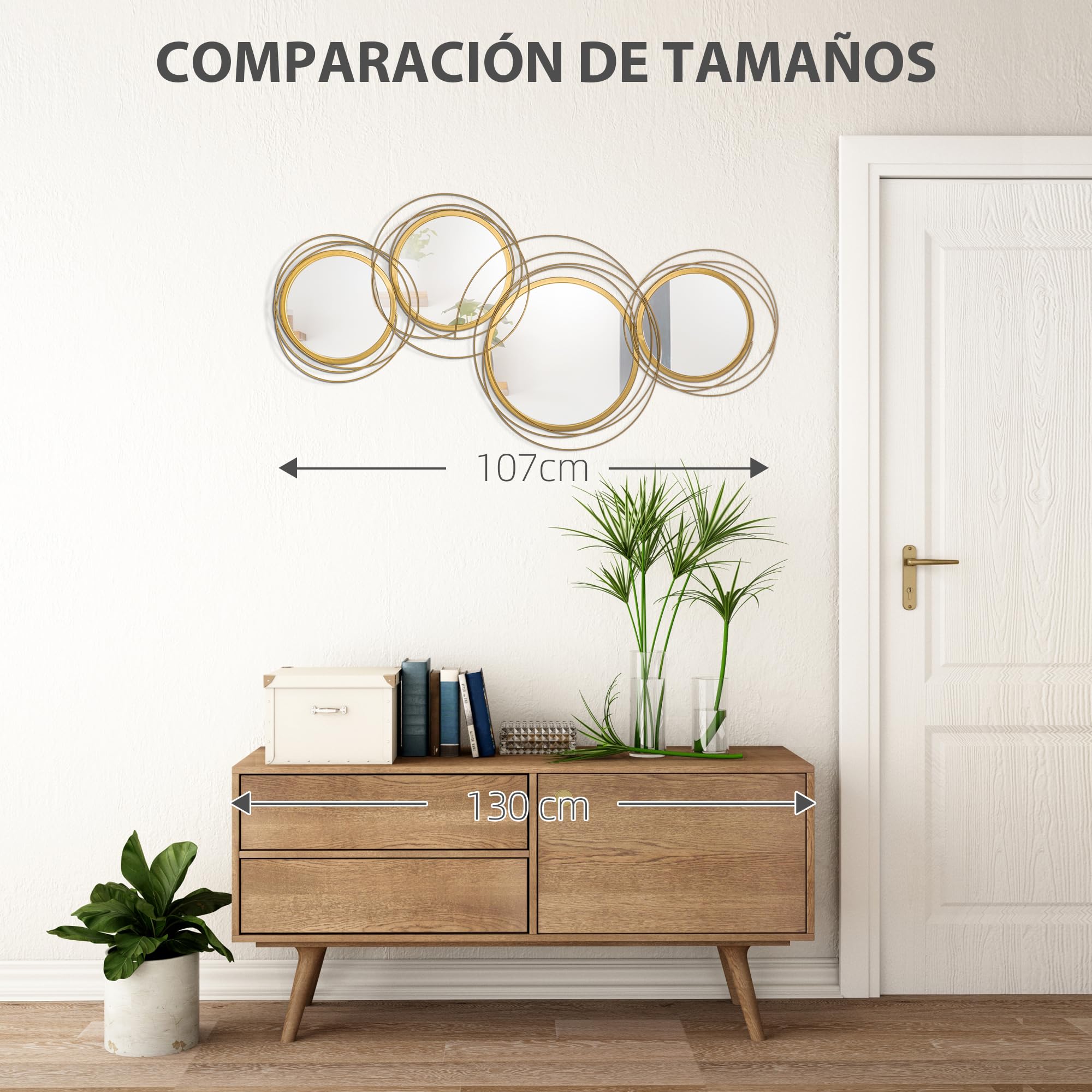 HOMCOM Decoración de Pared de Metal 3D Espejos Redondos 107x56 cm Dorado | Escultura de Espejos Redondos, Adornos Metálicos, Salón Dormitorio Cocina, Recibidores