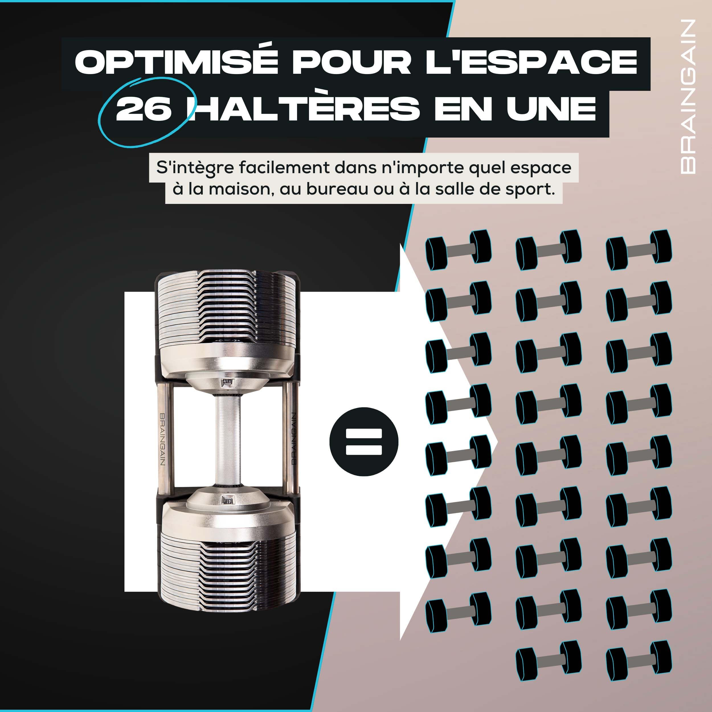 BRAINGAIN Haltères réglables - 23,5kg, 32,5kg, 41,5kg Chrome/Noir - Poids polyvalents pour la musculation à domicile