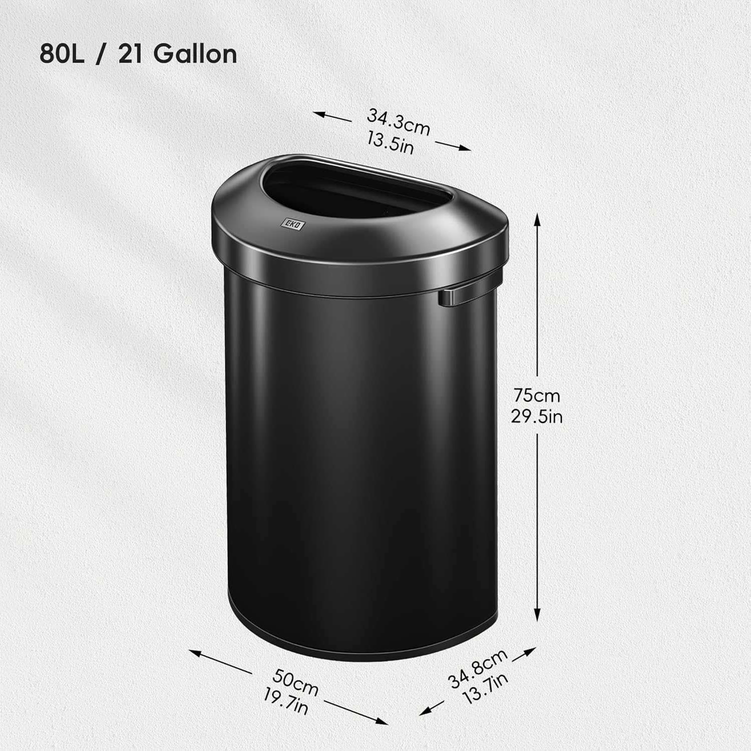EKO Urban 21 Gallon Semi-Round Open Top Waste Bin, Stainless Steel Half Round Commercial Trash Can for Indoor and Outdoor, Extra Large Garbage Bin for Home, Office, Restaurant, 80L, Matte Black