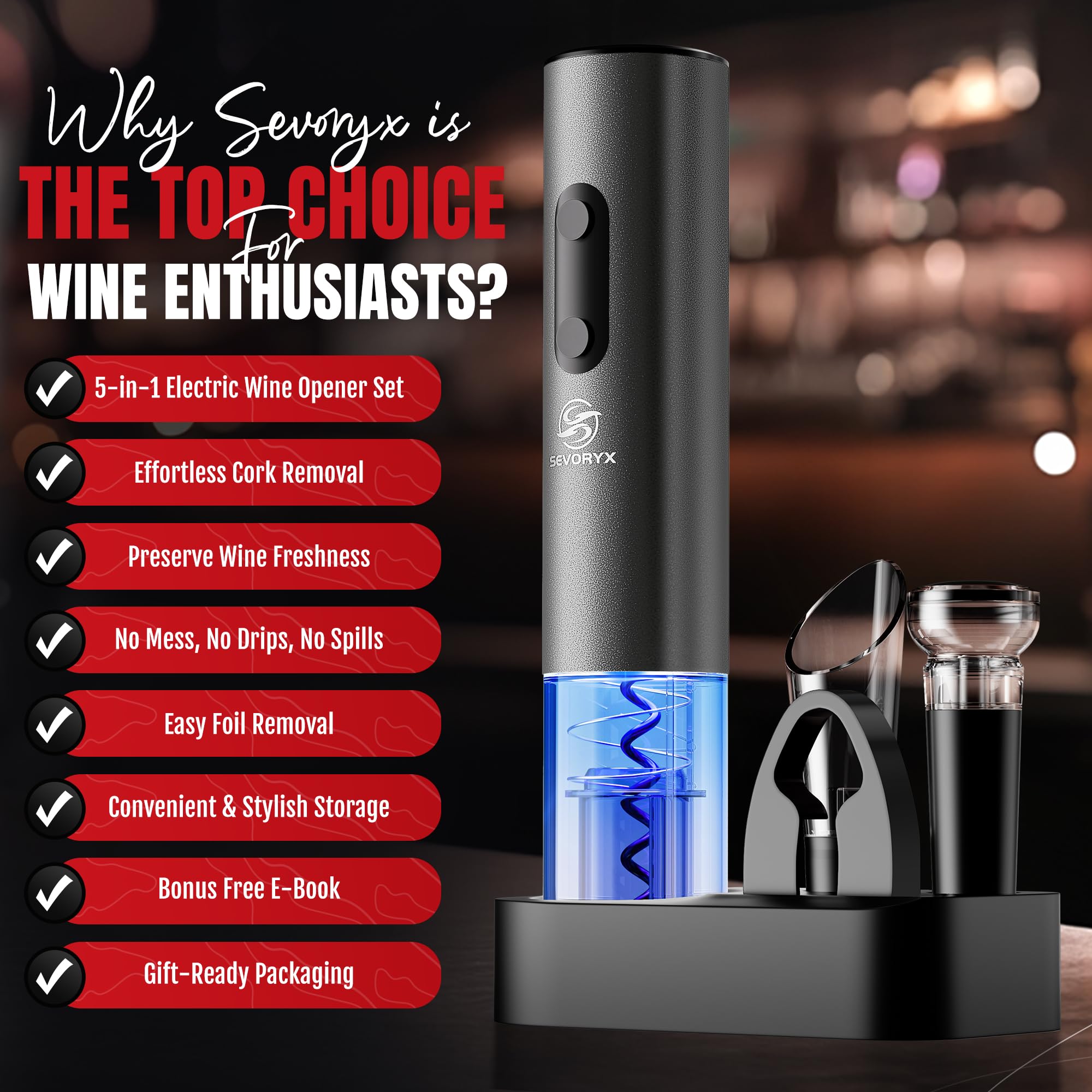 Juego de abridor de vino eléctrico, abridor de botellas eléctrico 5 en 1 con cortador de lámina, vertedor de vino, tapón al vacío y estuche de almacenamiento. Regalo ideal para amantes del 2
