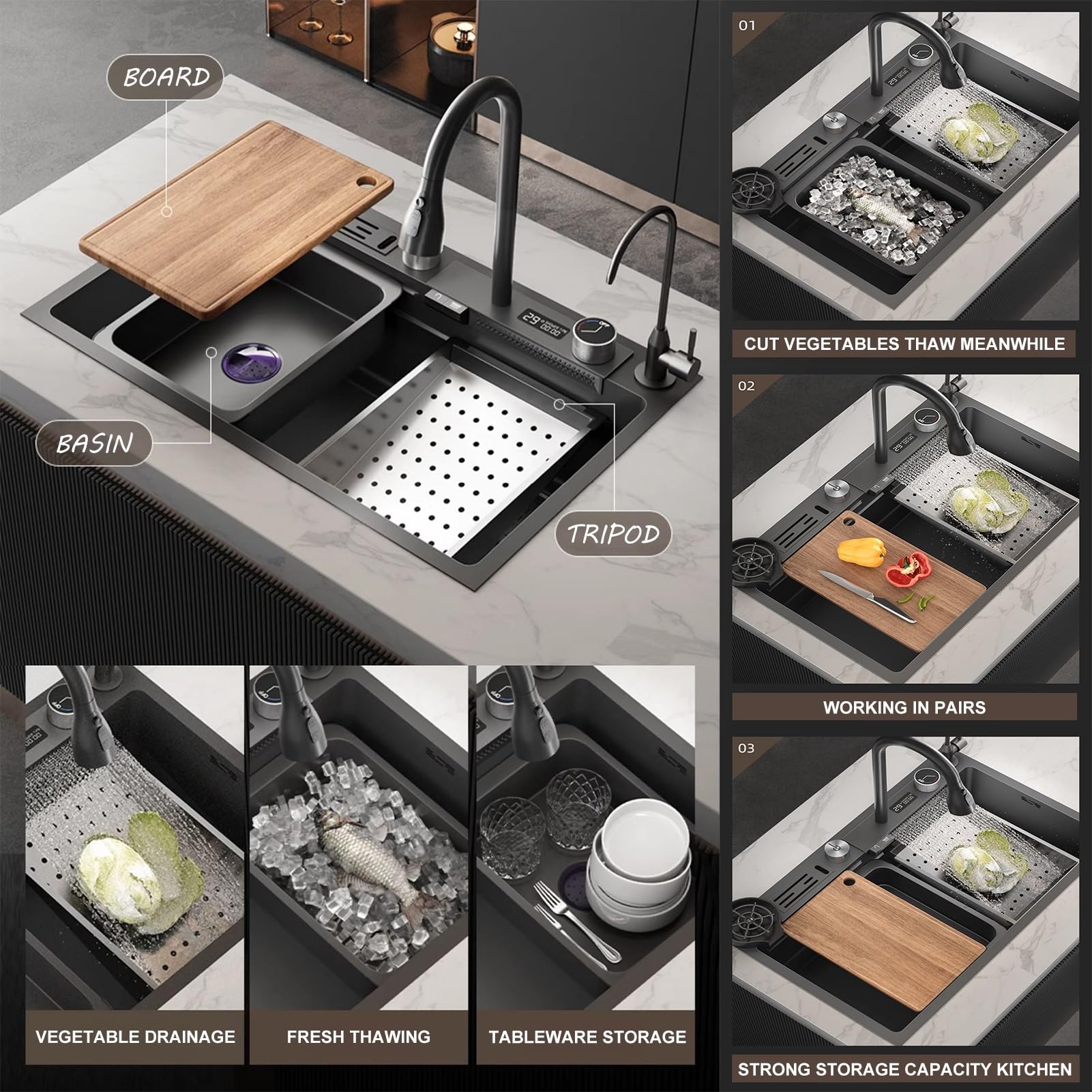 Nano Waterfall Sink Zlewozmywak kuchenny ze stali nierdzewnej 304, domowy, do warzyw, pojedynczy, zlew barowy, z wyciąganym kranem, myjka do kubków, kolor: A; wymiary: 75 x 46 cm