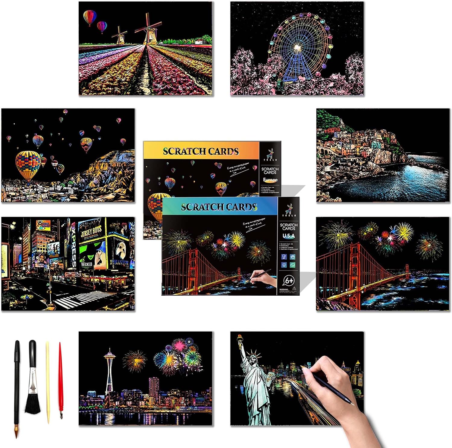 DESINIK Rainbow Scratch Painting Art for Adults -Scratch Painting Foil Art for Adults, Scratchboard Kit(A4) with 4 Tools & 8 Sheets, Creative Gift Idea for Holidays(America&Europe)