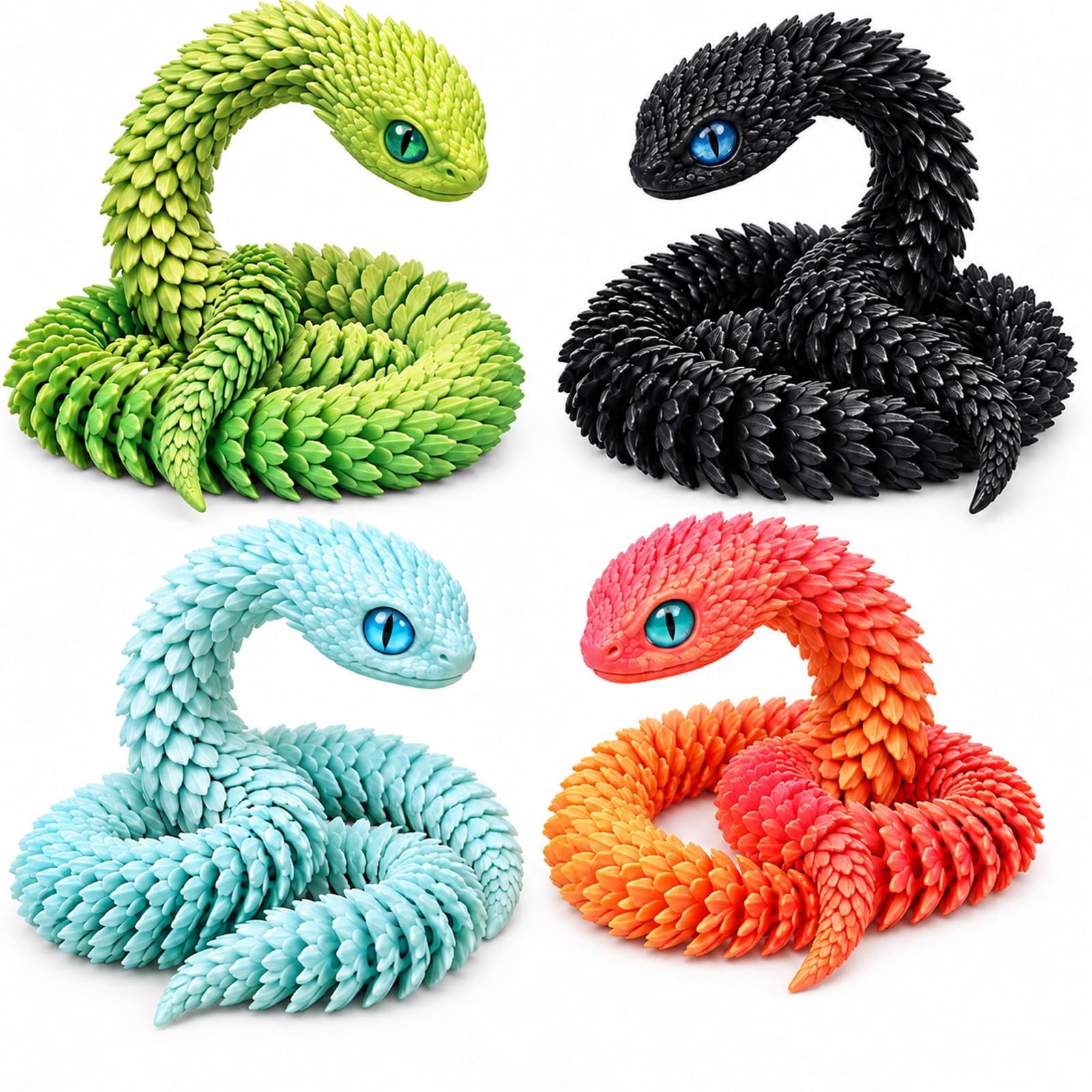 4-Pack 3D Printed Articulated Snakes, 30 cm Movable Snake Models in Four Colours for Desk Display and Collections