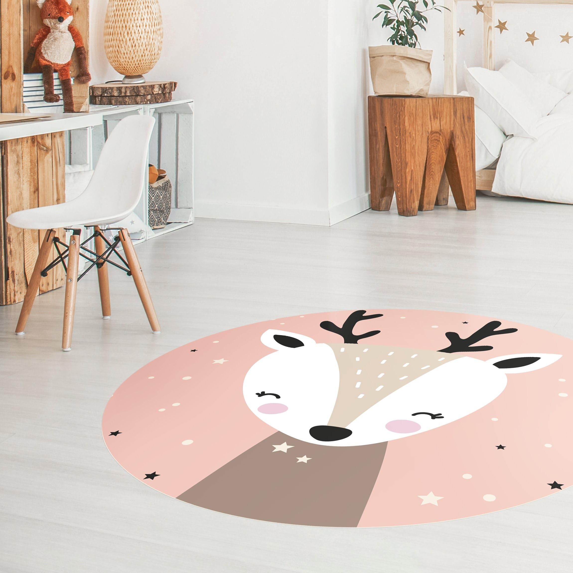 Tapis en Vinyle Rond essuyable à l'eau Animaux Collage sans Bulles Protection de Sol cerf Tapis antidérapant Rose Illustration Chambre Enfant bébé Fille garçon 1784 (80x80cm)