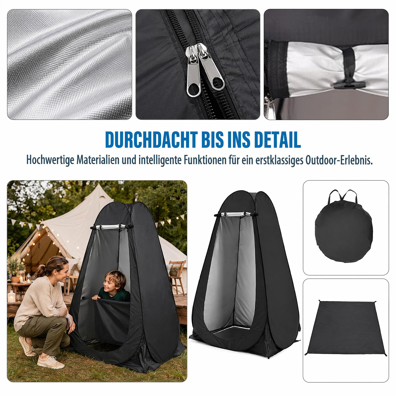 Pop Up Zelt, Duschzelt mit Tragetasche Fenster & Camping Zubehör, Mobile Umkleidezelt, Camping Toiletten Zelt, Sichtschutz Zelt für Outdoor, UV-Schutz wasserdicht für Camping Wandern Strand - Schwarz