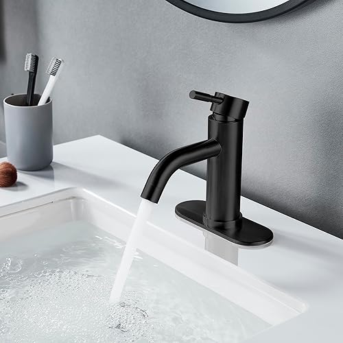 Miniatura 4 de Grifo de lavabo de baño de un solo agujero, negro mate, moderno grifo de baño de una sola manija comercial de acero inoxidable con drenaje