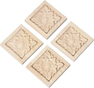 4 Pcs Decorative Wood Flower Carved Appliques Onlays, 2.36 x 2.36inch Unpainted Solid Wood Square Carving Decal for Furniture Cabinet Closet Decoration