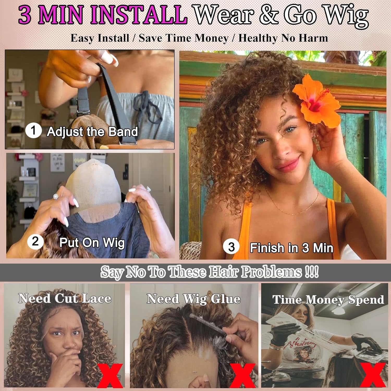 Ombre Highlight Glueless Wigs Human Hair Pre Plucked Pre Cut Curly Closure Wear and Go Glueless Wigs Human Hair Middle Part Balayage Water Wave Lace Frontal Human Hair Wigs for Black Women 4/27 18Inch