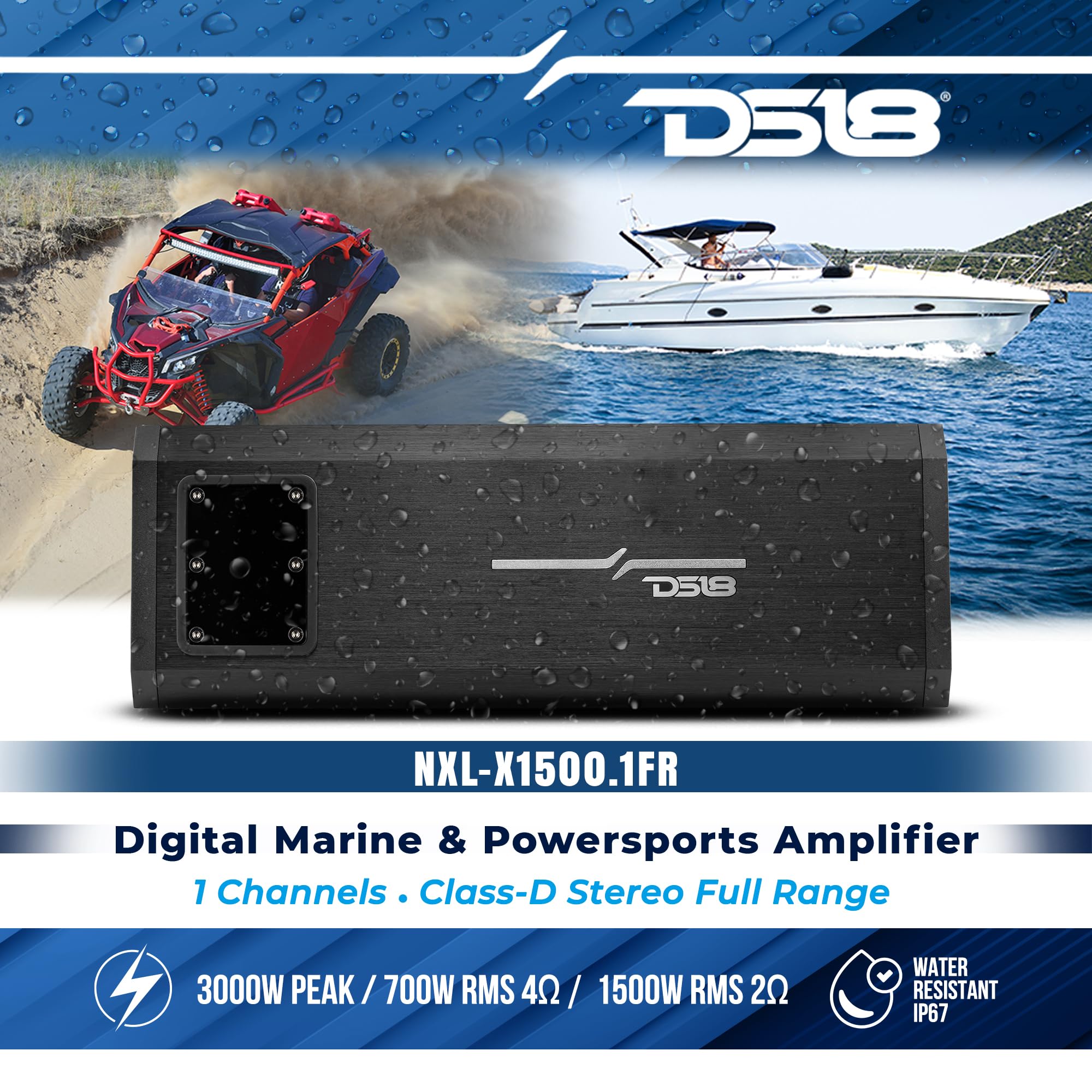 DS18 NXL-X1500.1FR Marine & Powersports Amplifier 1 Channel Full Range Class D Water Resistant IP67, Digital Monoblock Subwoofer Amplifier, Input Selector Great for Car/Marine/Powersports/Motorcycle