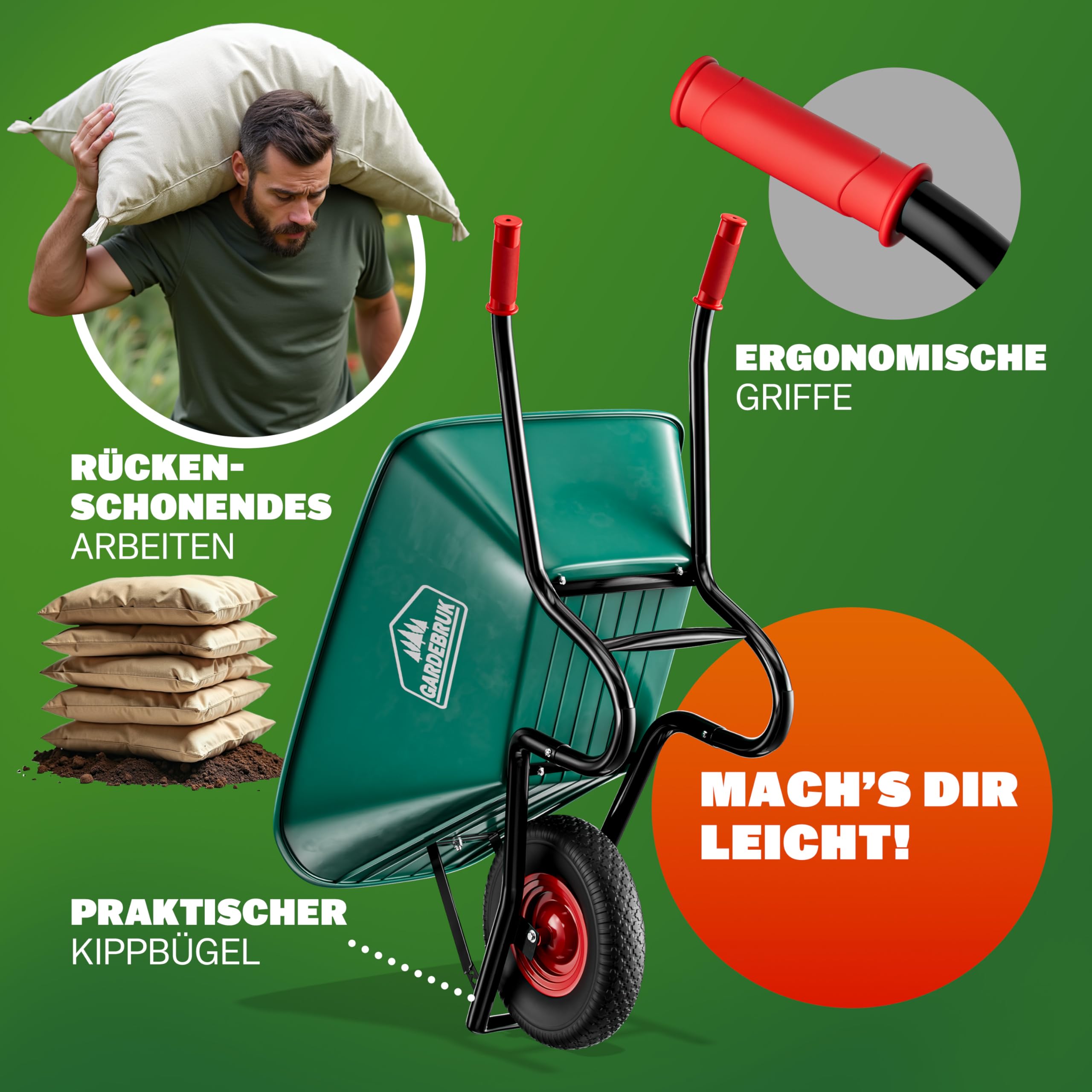 GARDEBRUK Schubkarre 100 Liter Bauschubkarre Gartenschubkarre bis 250kg Belastbarkeit Luftreifen stabile Ausführung mit Kunstoffwanne