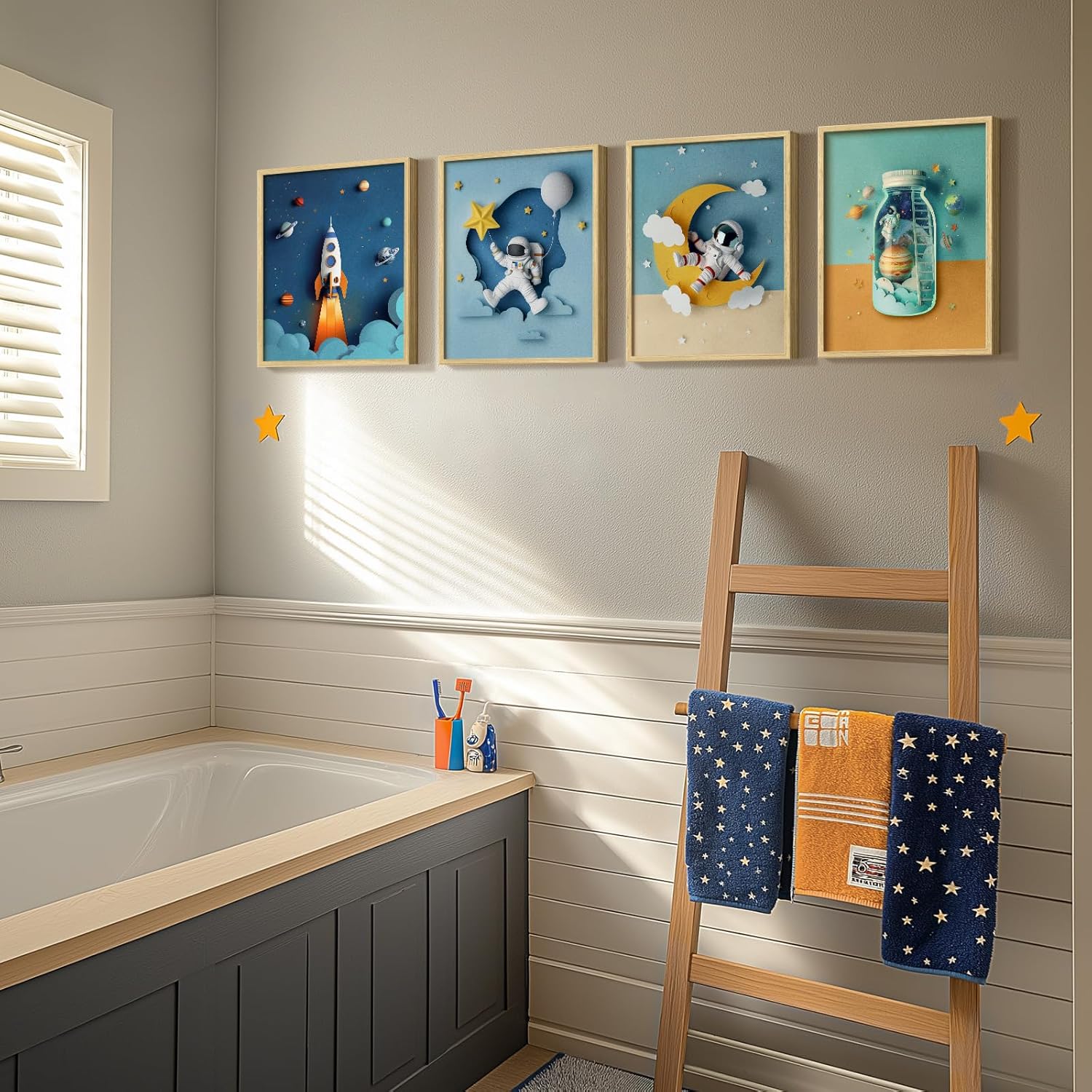 Framed Space Nursery Canvas Wall Art Prints for Baby Boy Room, Set of 4 Outer Space Themed Bedroom Decor, Astronaut Rocket Decorations for Toddler Kids Playroom Bathroom Gifts, 8x10 Inch