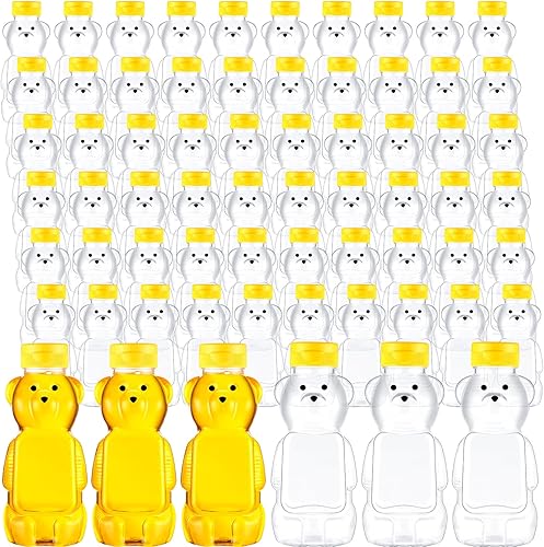 Thenshop 60 frascos de plástico de miel de oso a granel de 12 onzas, botella de miel exprimible vacía con tapa abatible, recipientes de jugo de oso