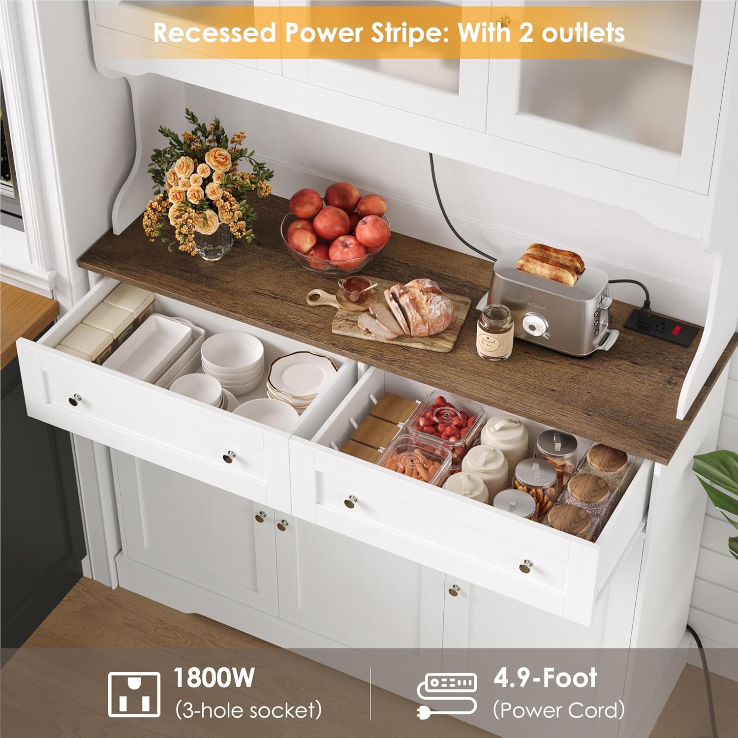 Close-up of the brown countertop showing the recessed power strip with two 3-hole outlets and a red power switch. A toaster and bread are visible on the countertop.
