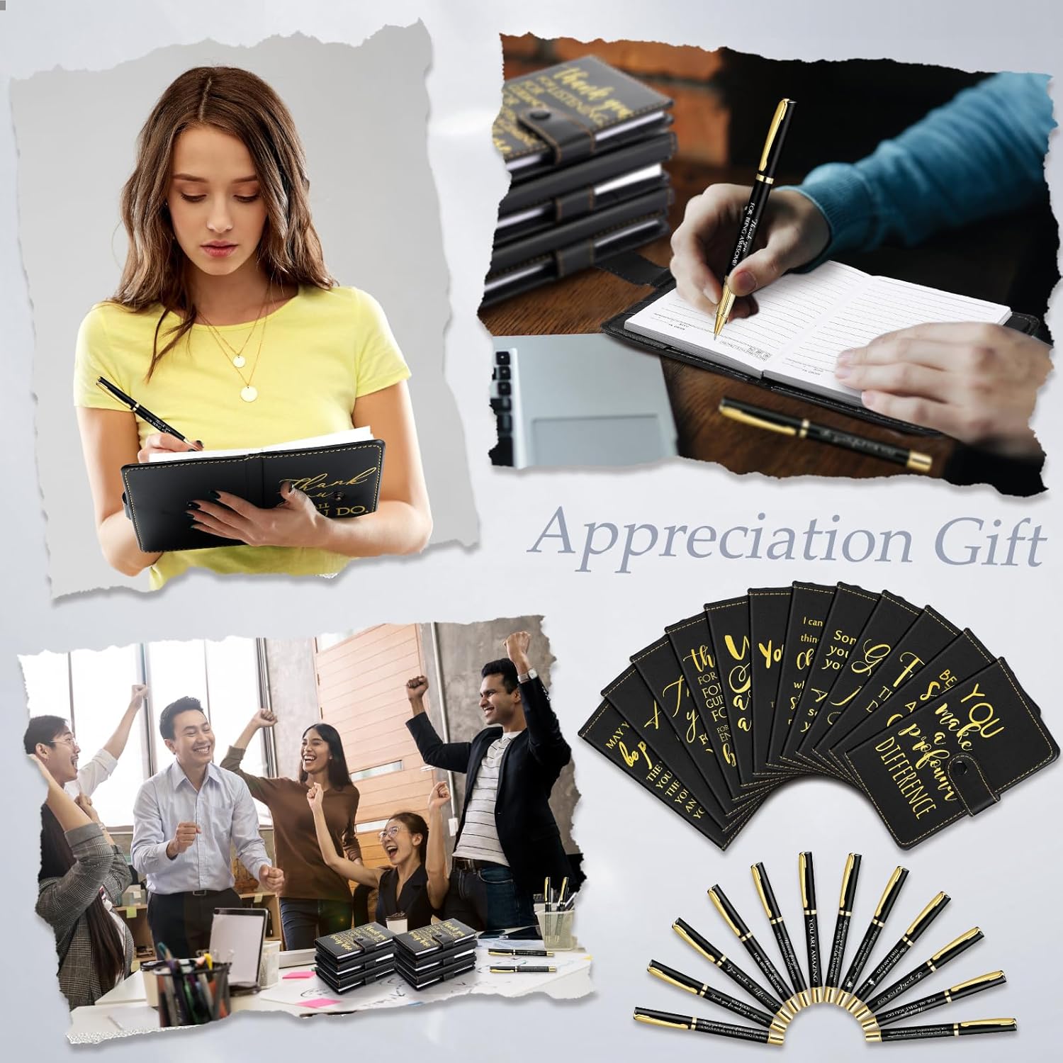 Dispowreath 10 Sets Thank You Leather Journal Notebook with Inspirational Ballpoint Pens Male Teacher Nurse Employee Gift Notepad for Police Officer Men Coworker Team (Black,Appreciation Sign)